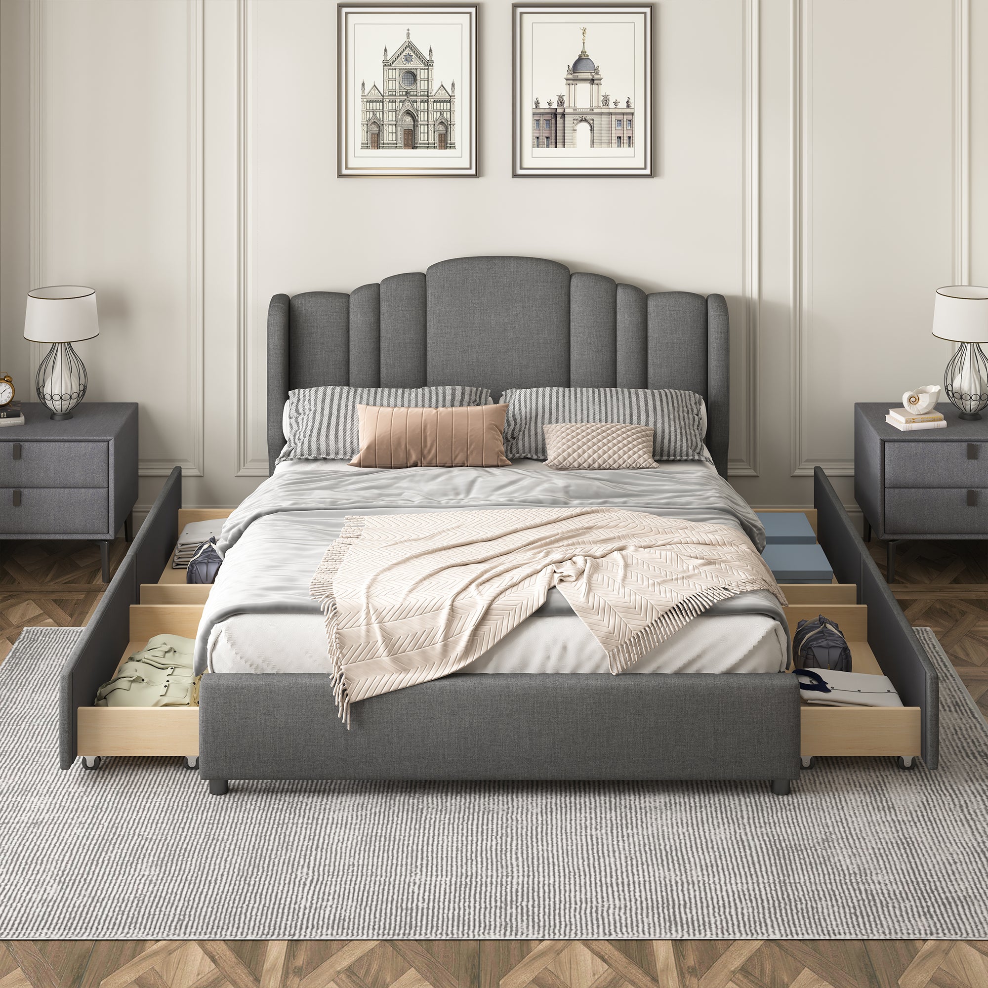 Upholstered Platform Bed with Wingback Headboard and 4 Drawers, No Box Spring Needed, Linen Fabric, Queen Size Gray