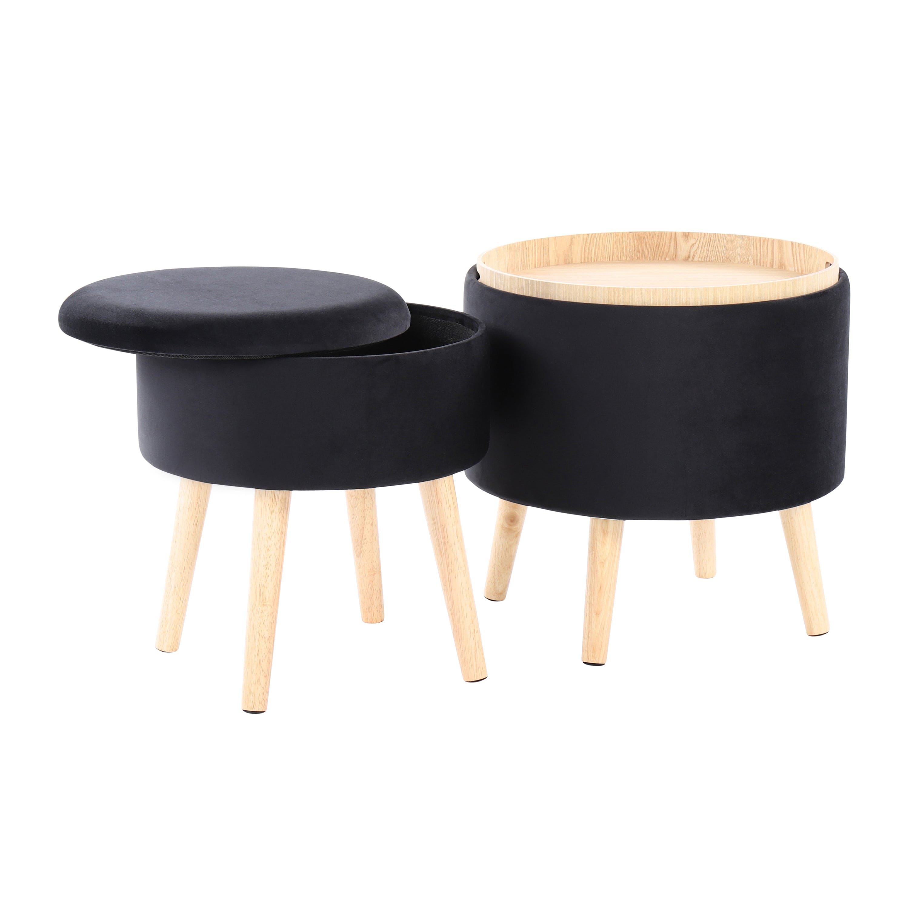 Tray Contemporary Storage Ottoman with Matching Stool in Black Velvet and Natural Wood Legs by LumiSource