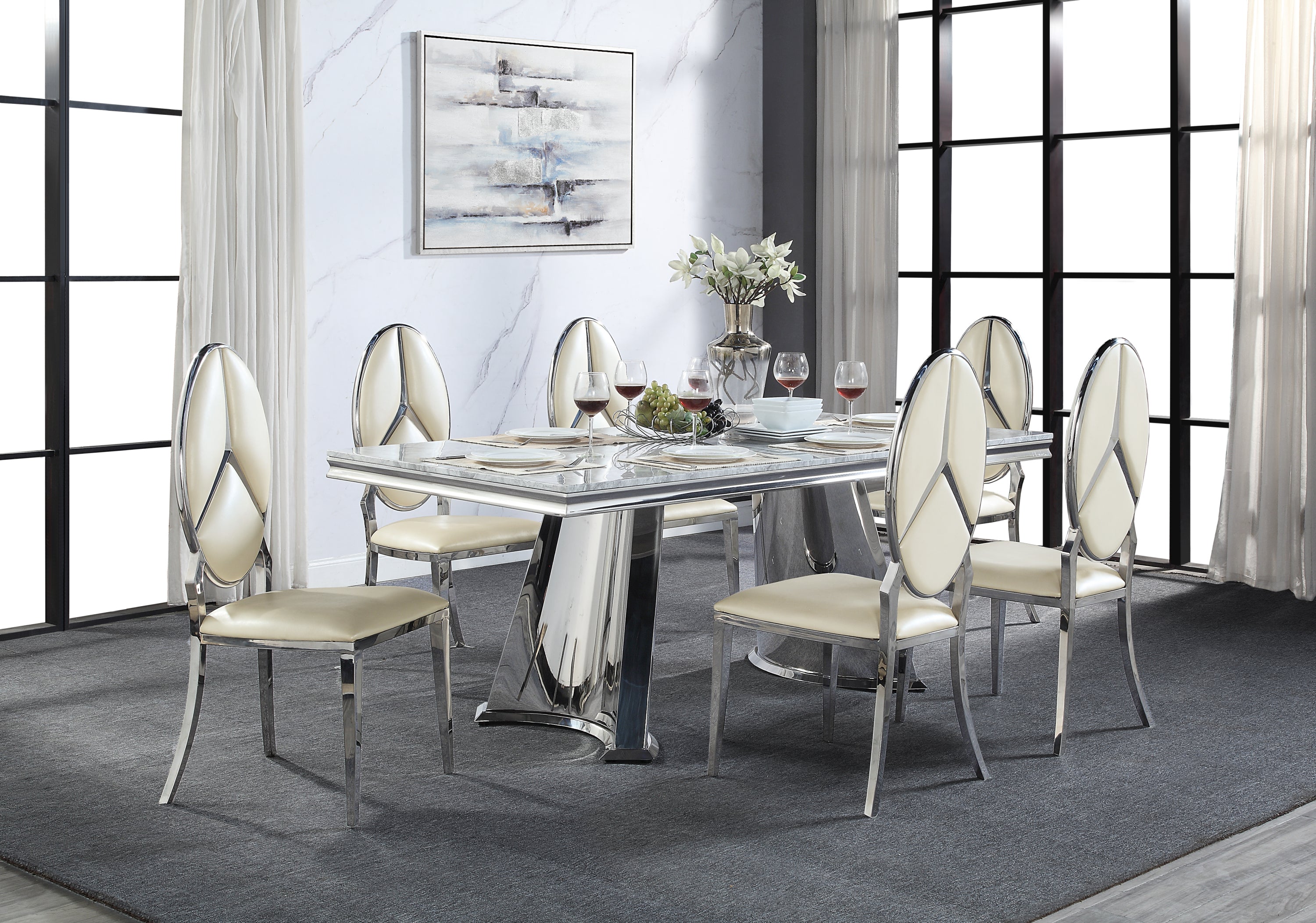 ACME Destry Dining Table, Faux Marble Top & Mirrored Silver Finish DN01188