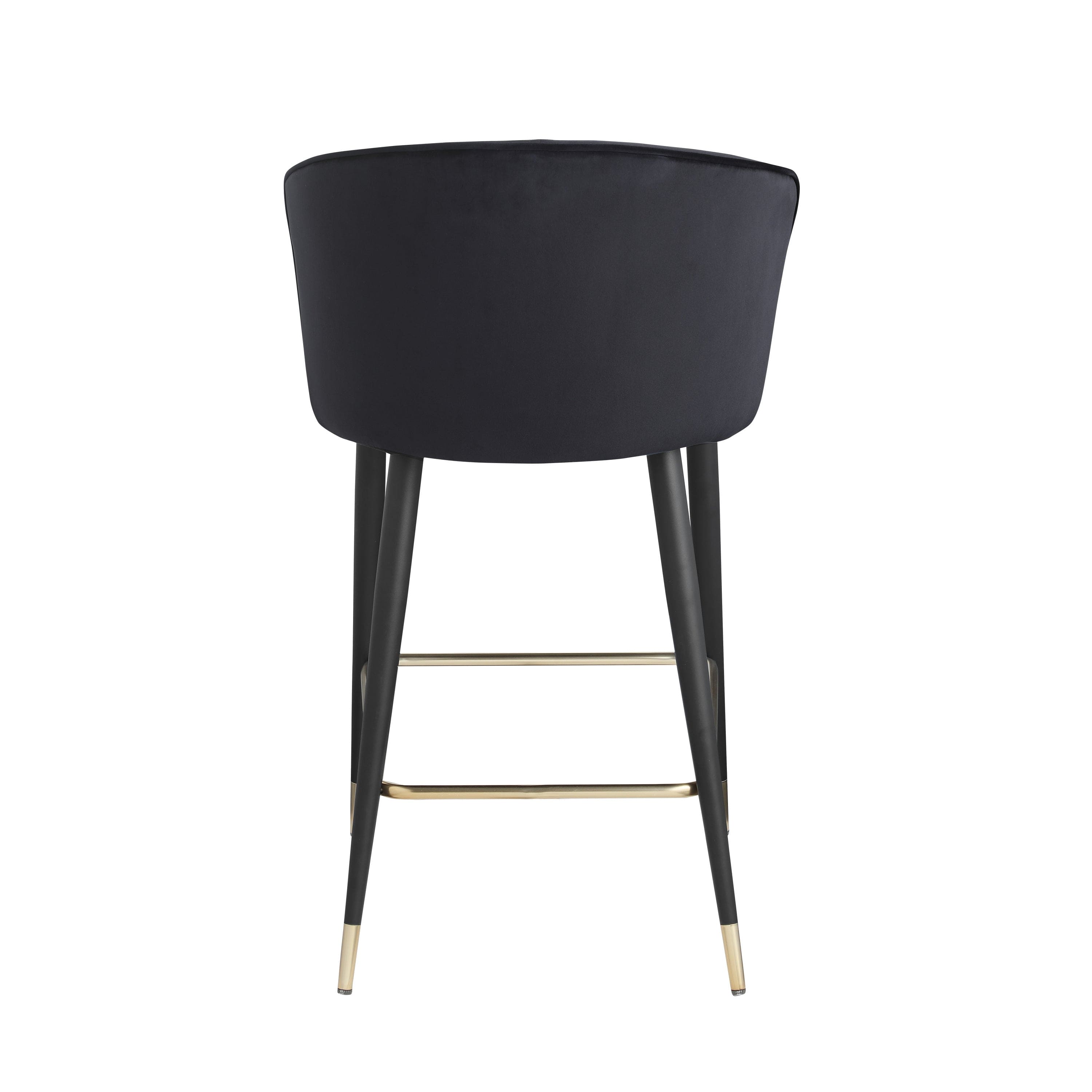 Contemporary Velvet Upholstered Counter Height Stool with Deep Channel Tufting and Gold Tipped, Black Metal Legs, 20" W x 21" D x 36.5" H, Black