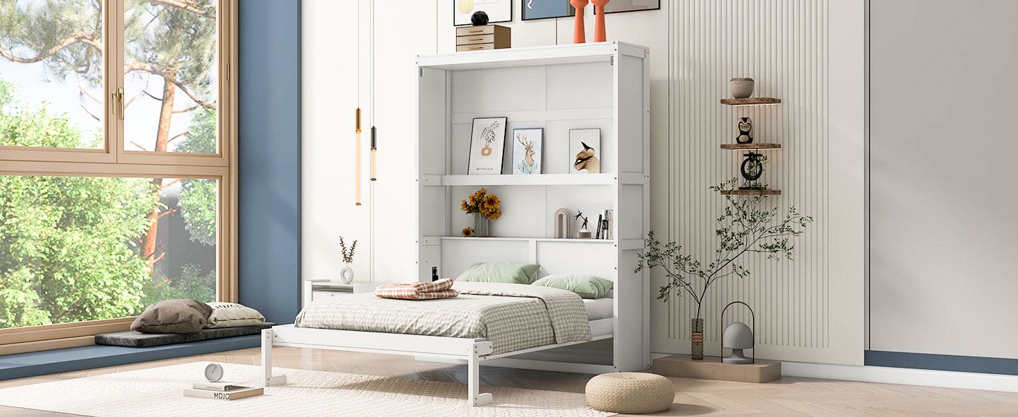 Full Size Murphy Bed Wall Bed with Shelves,White