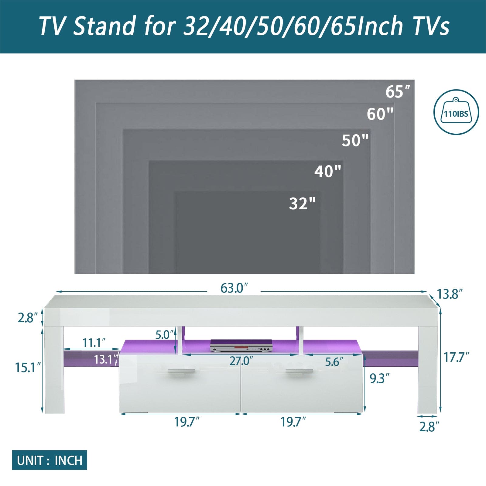 FashionTVstandTVcabinet,EntertainmentCenter,TVstationTV console,media console,with LEDlight belt,light belt remote control,toughenedglassshelf,metal handle,Canbeplaced in the living room,bedroom,White