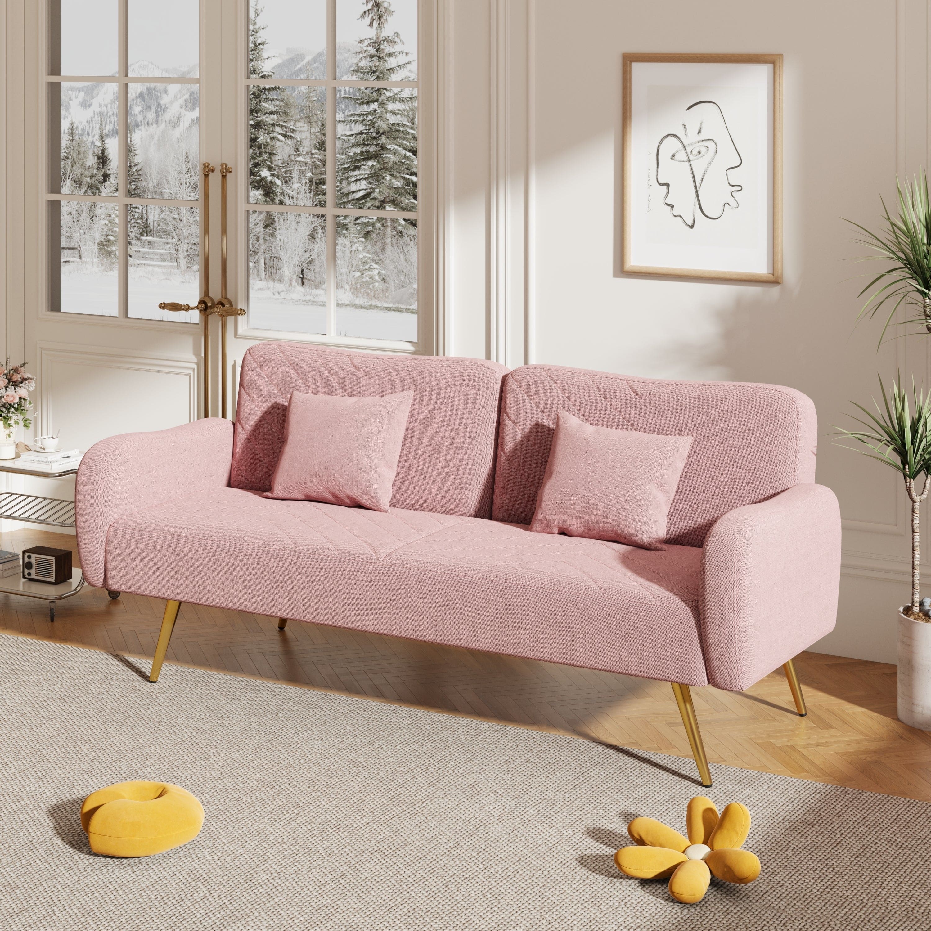 70.47" Pink Fabric Double Sofa with Split Backrest and Two Throw Pillows