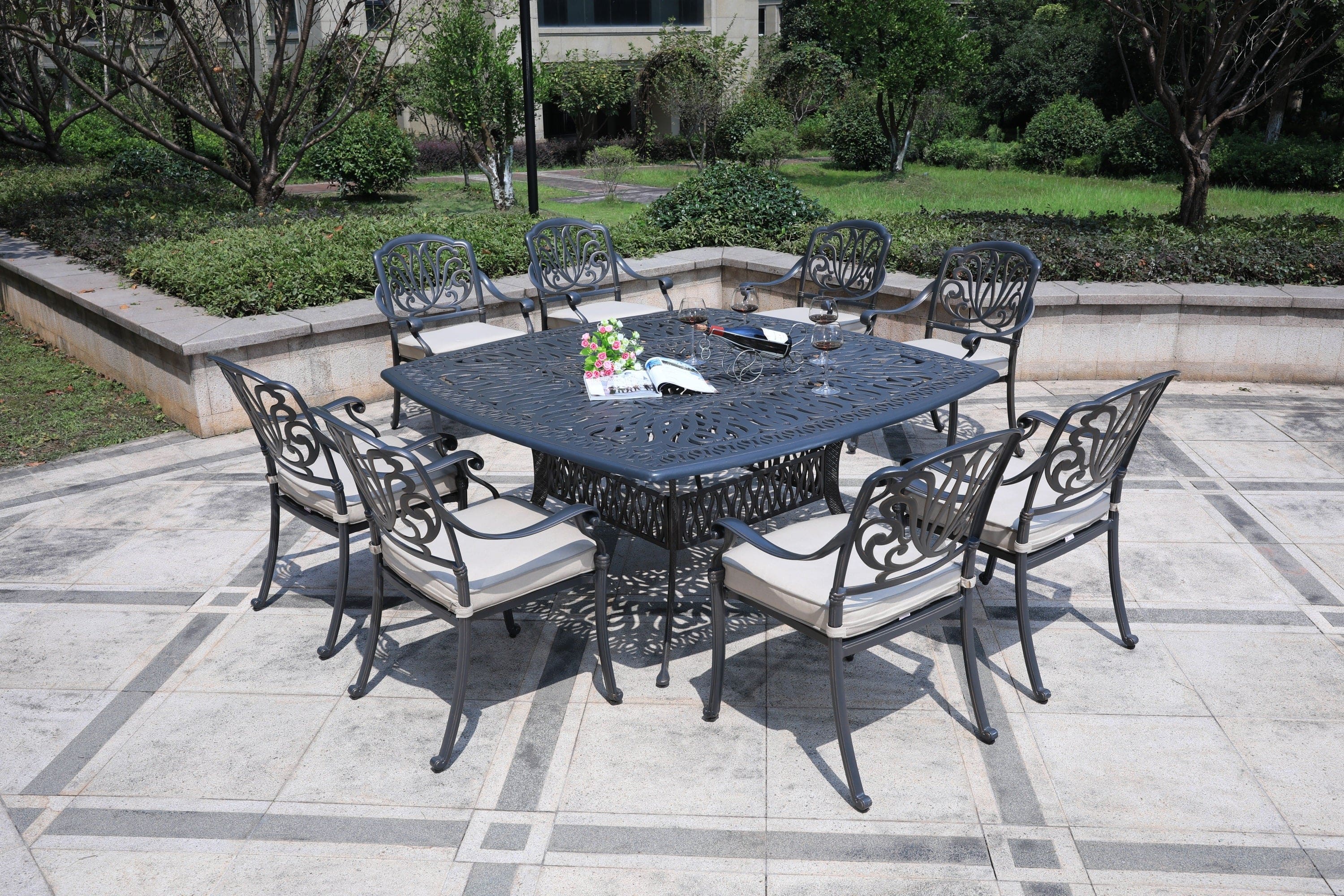 Square 8 - Person 64" Long Aluminum Dining Set with Sunbrella Cushions