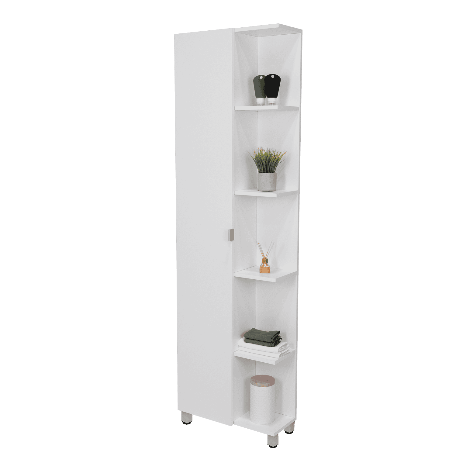 Corner Cabinet Womppi, Five Open Shelves, Single Door, White Finish