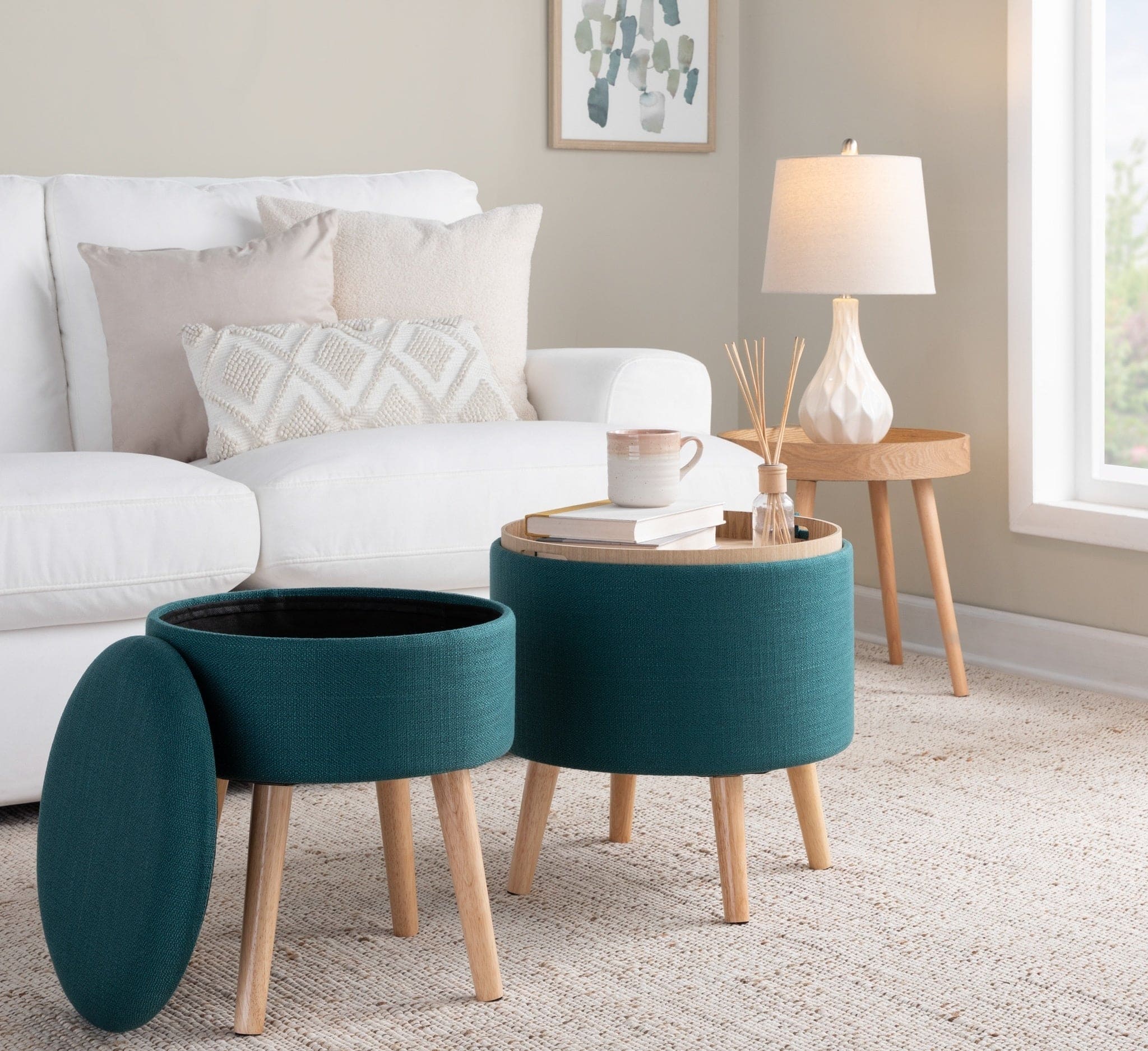 Tray Contemporary Storage Ottoman with Matching Stool in Teal Fabric and Natural Wood Legs by LumiSource