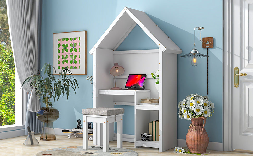 House-Shaped Desk with a cushion stool,White