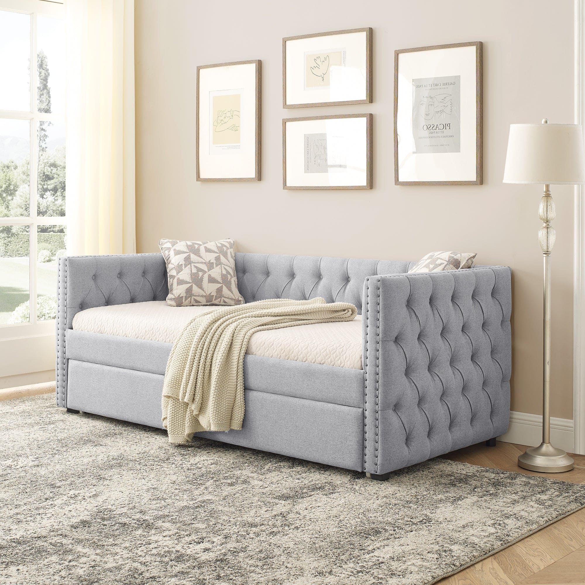 Daybed with Trundle Upholstered Tufted Sofa Bed, with Button and Copper Nail on Square Arms,both Twin Size,Grey(85"x42.5"x31.5")(Old SKU W487S00045)