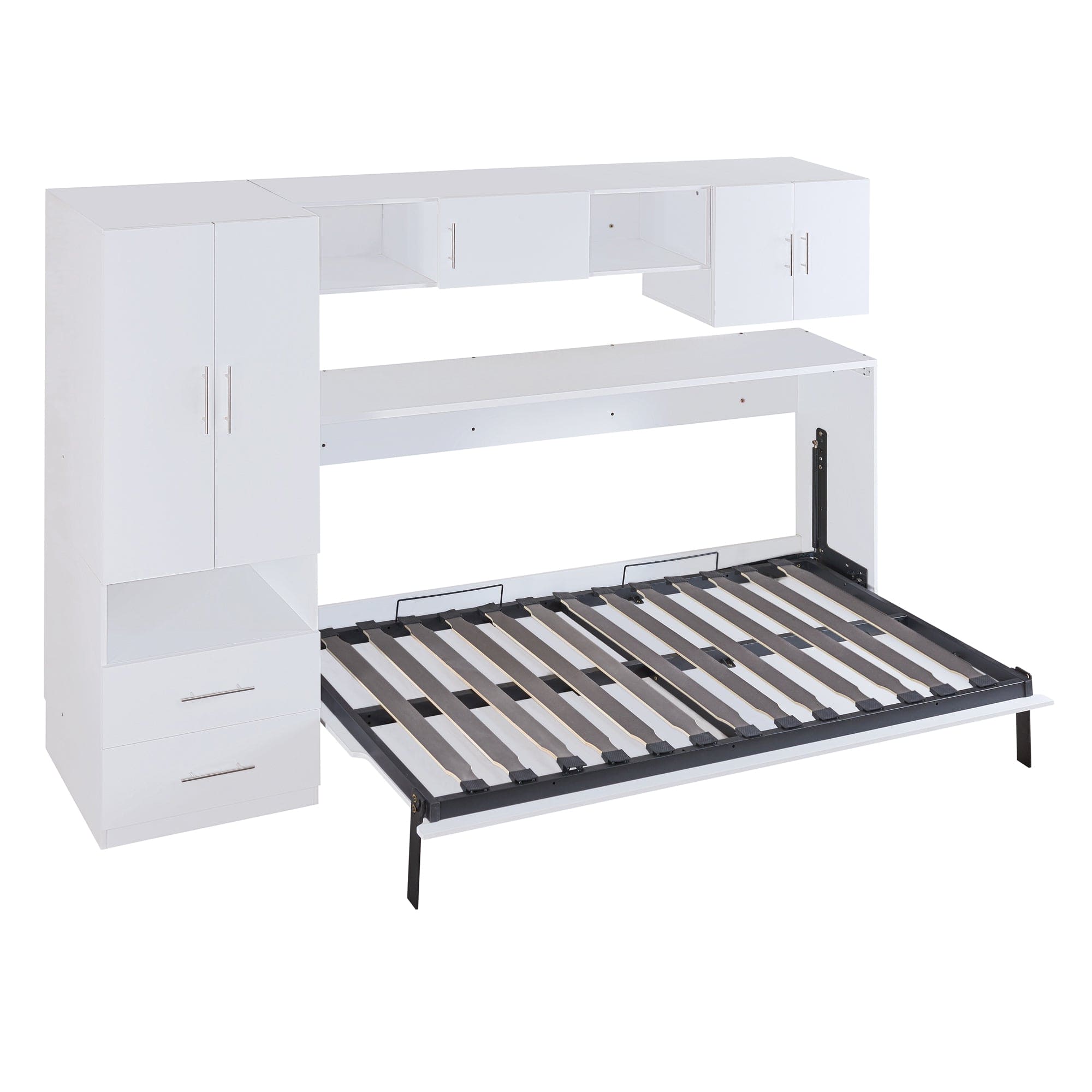 Twin Size Murphy Bed with Open Shelves and Storage Drawers,Built-in Wardrobe and Table, White