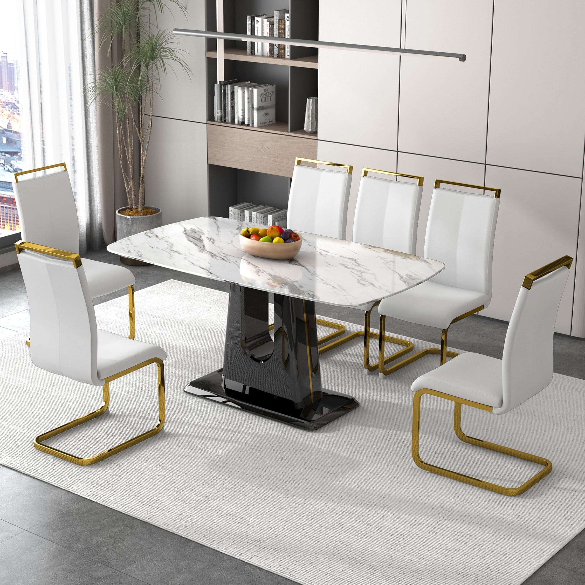 A modern, minimalist, and luxurious dining table with a white imitation marble tabletop and MDF legs with U-shaped brackets. Tables in restaurants and living rooms 63"*35.4"*30  F-U