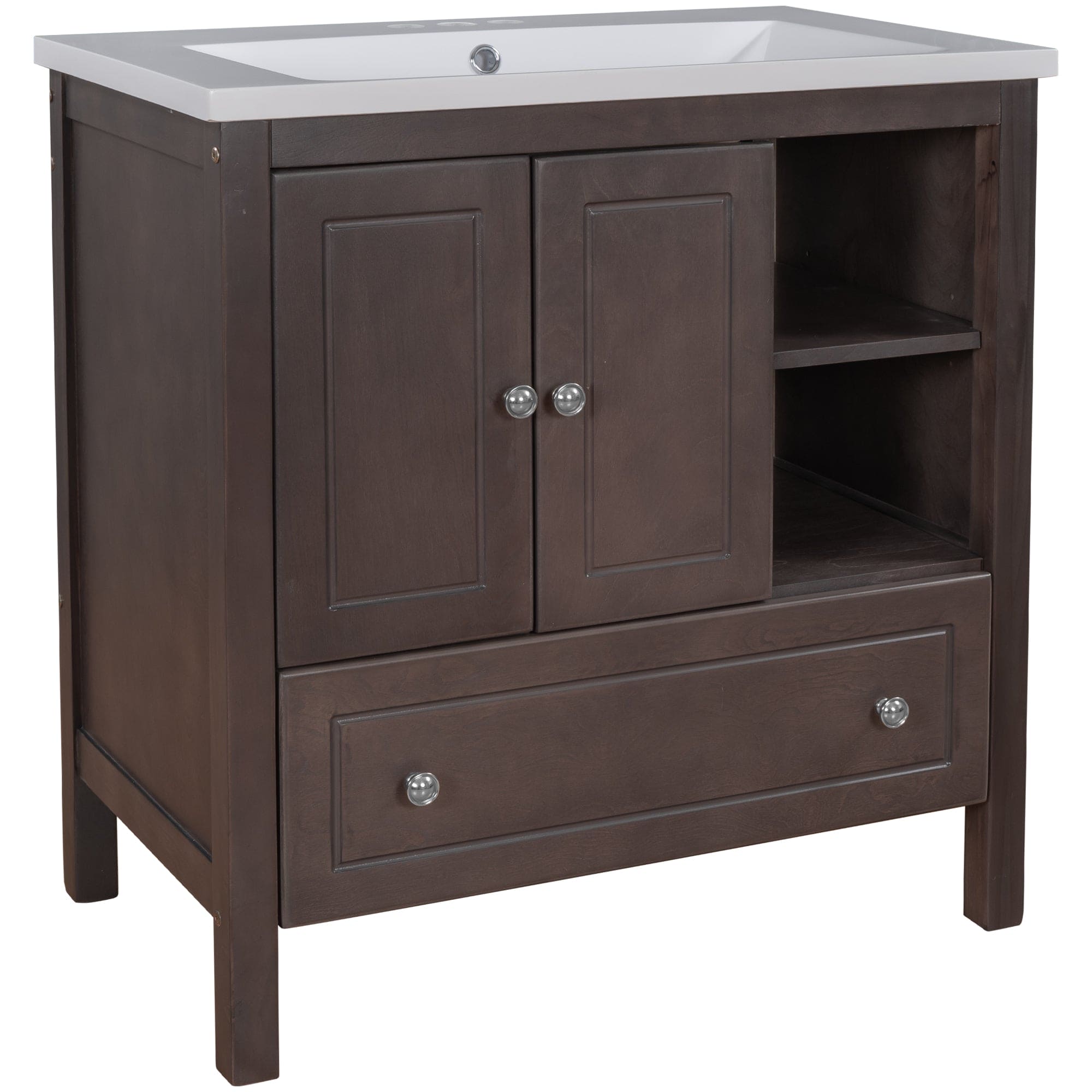 [VIDEO] 30" Bathroom Vanity with Sink, Bathroom Storage Cabinet with Doors and Drawers, Solid Wood Frame, Ceramic Sink, Brown (OLD SKU: JL000002AAD)