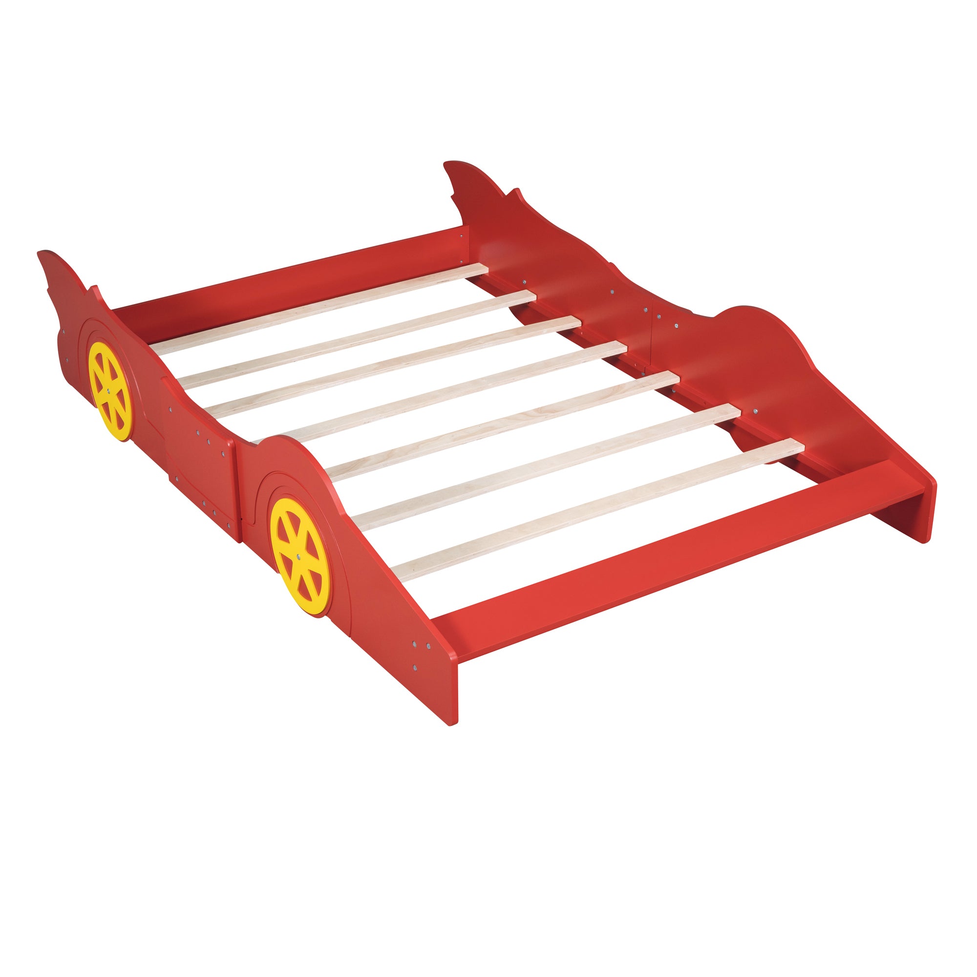 Full Size Race Car-Shaped Platform Bed with Wheels,Red