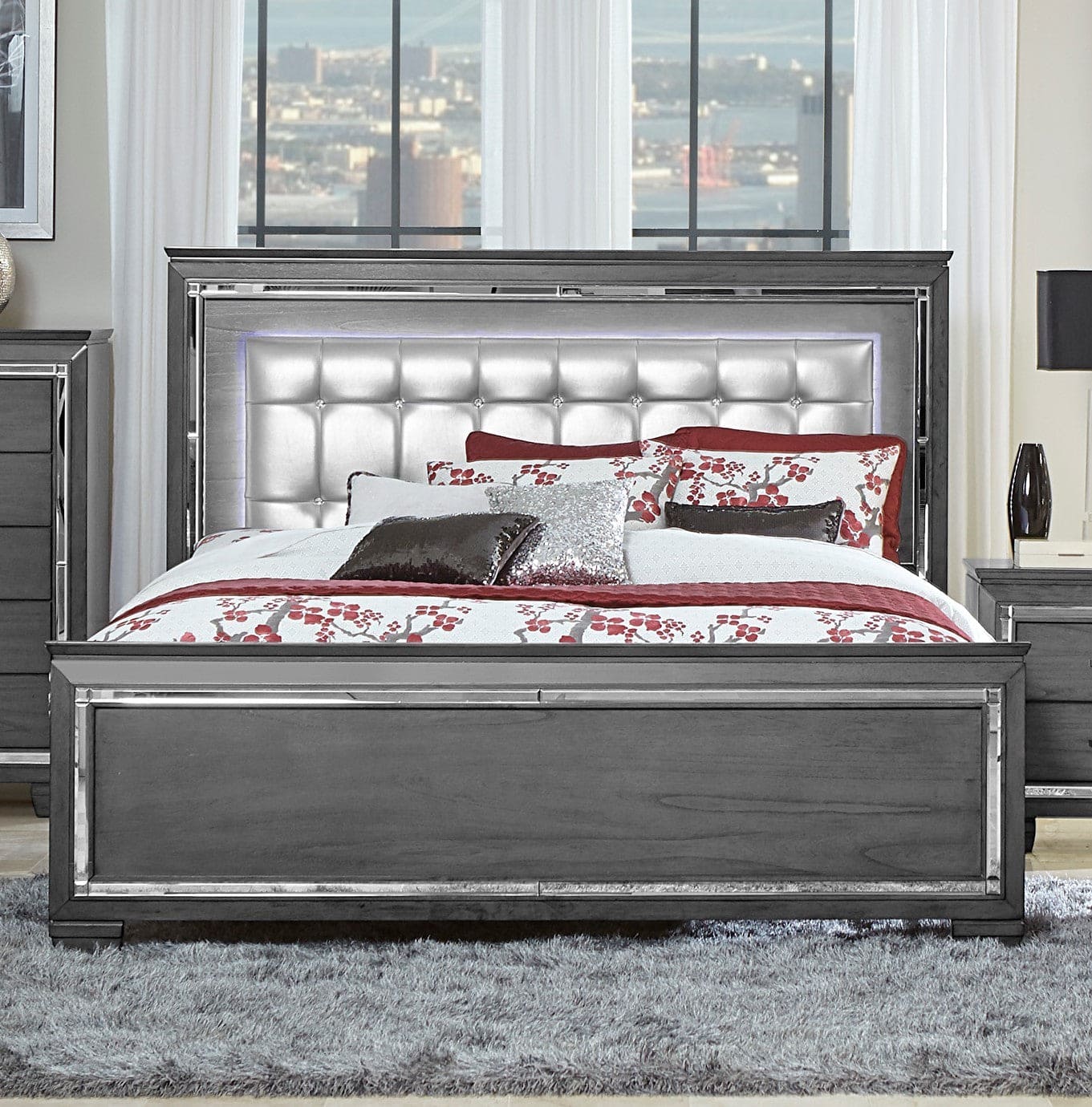 Glamourous Style 1pc Queen Bed Button-Tufted Upholstered LED Headboard Gray Finish Modern Beautiful Bedroom Furniture