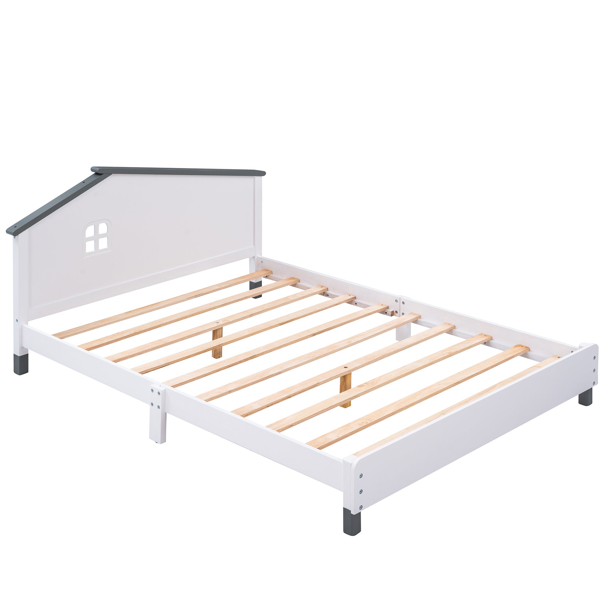 Full Size Wood Platform Bed with House-shaped Headboard  (White+Gray)