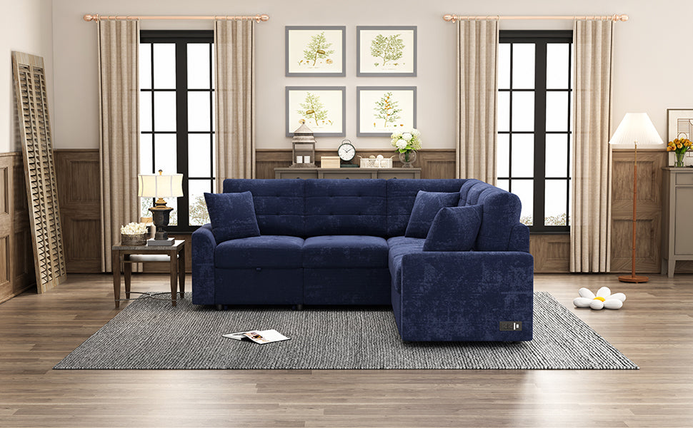 82.6" L-shape Sofa Bed Pull-out Sleeper Sofa with Wheels, USB Ports, Power Sockets for Living Room, Navy Blue