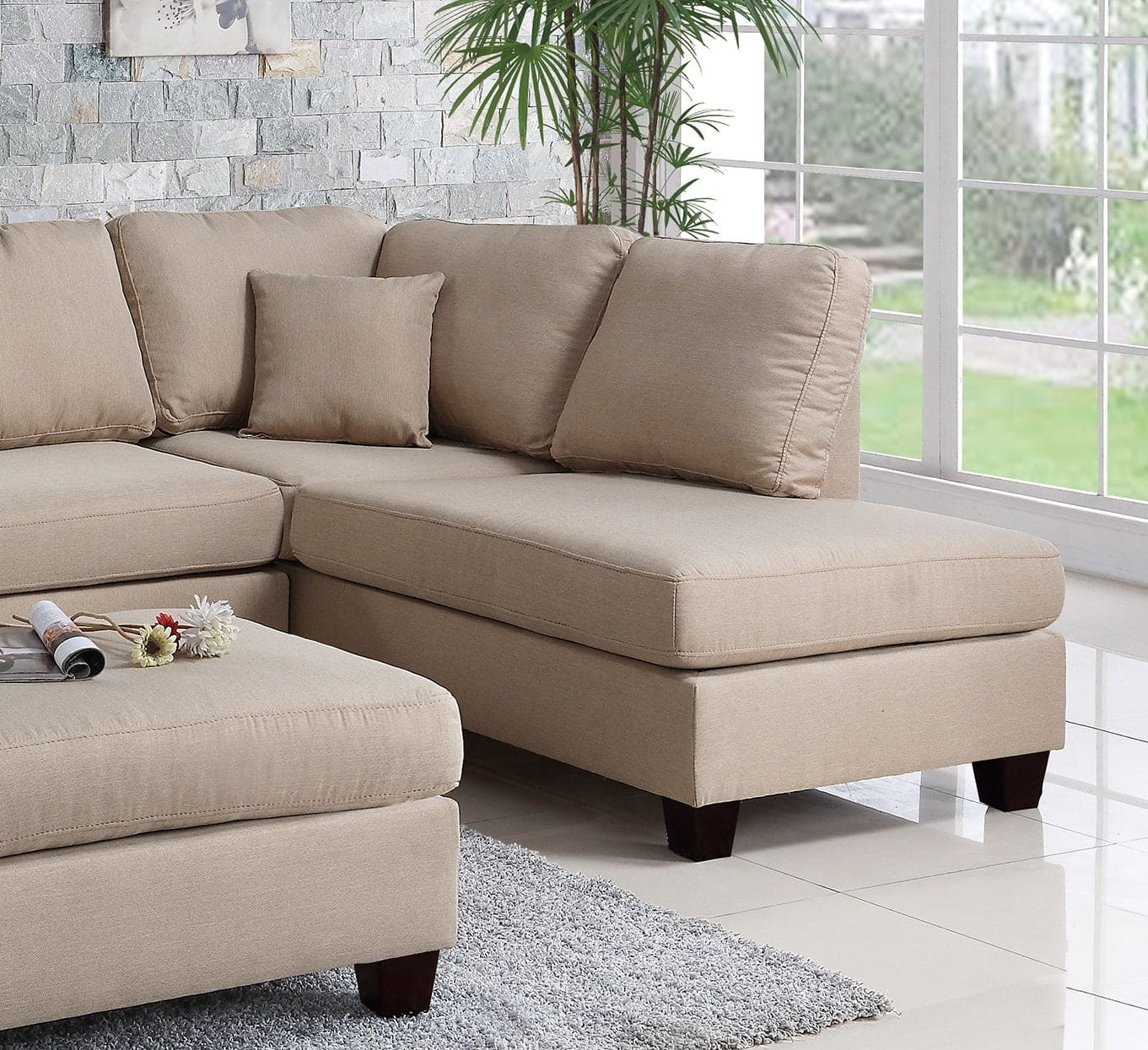 Sand Color 3pcs Sectional Living Room Furniture Reversible Chaise Sofa And Ottoman Polyfiber Linen Like Fabric Cushion Couch