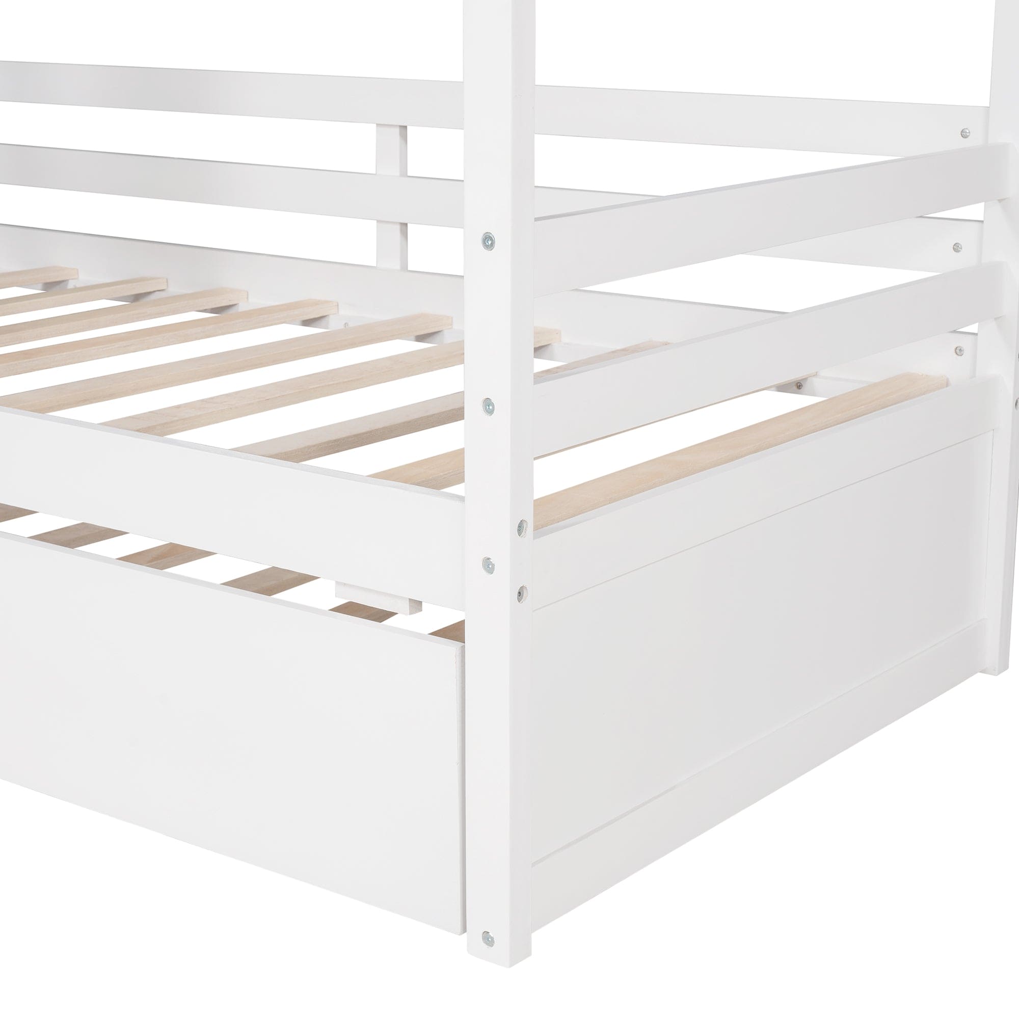 Twin Size House Bed Wood Bed with Twin Size Trundle ( White )