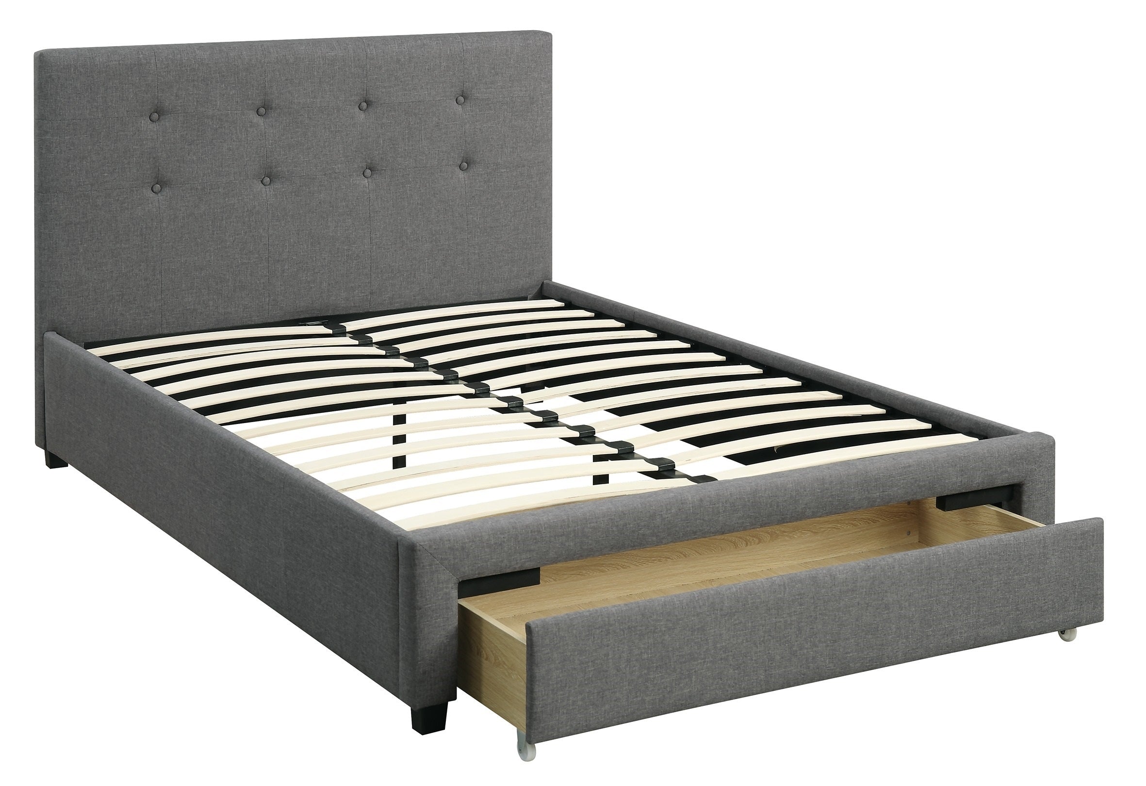 Bedroom Furniture Grey Polyfiber 1pc Queen Size Bed Tufted Headboard Storage Drawers Footboard