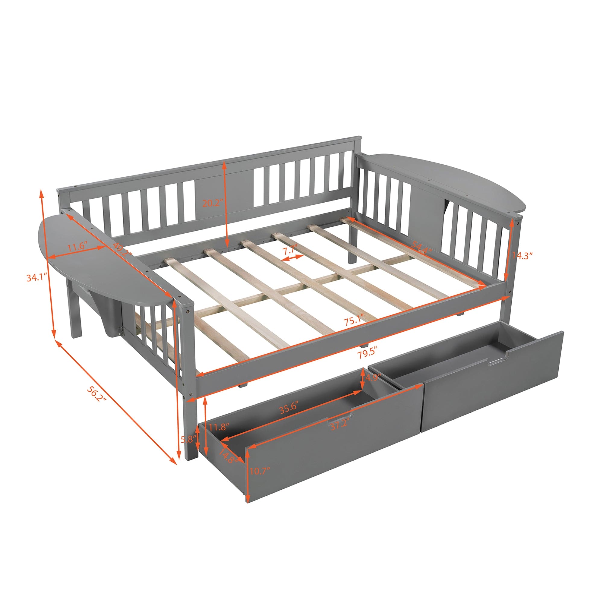 Full size Daybed with Two Drawers, Wood Slat Support, Gray