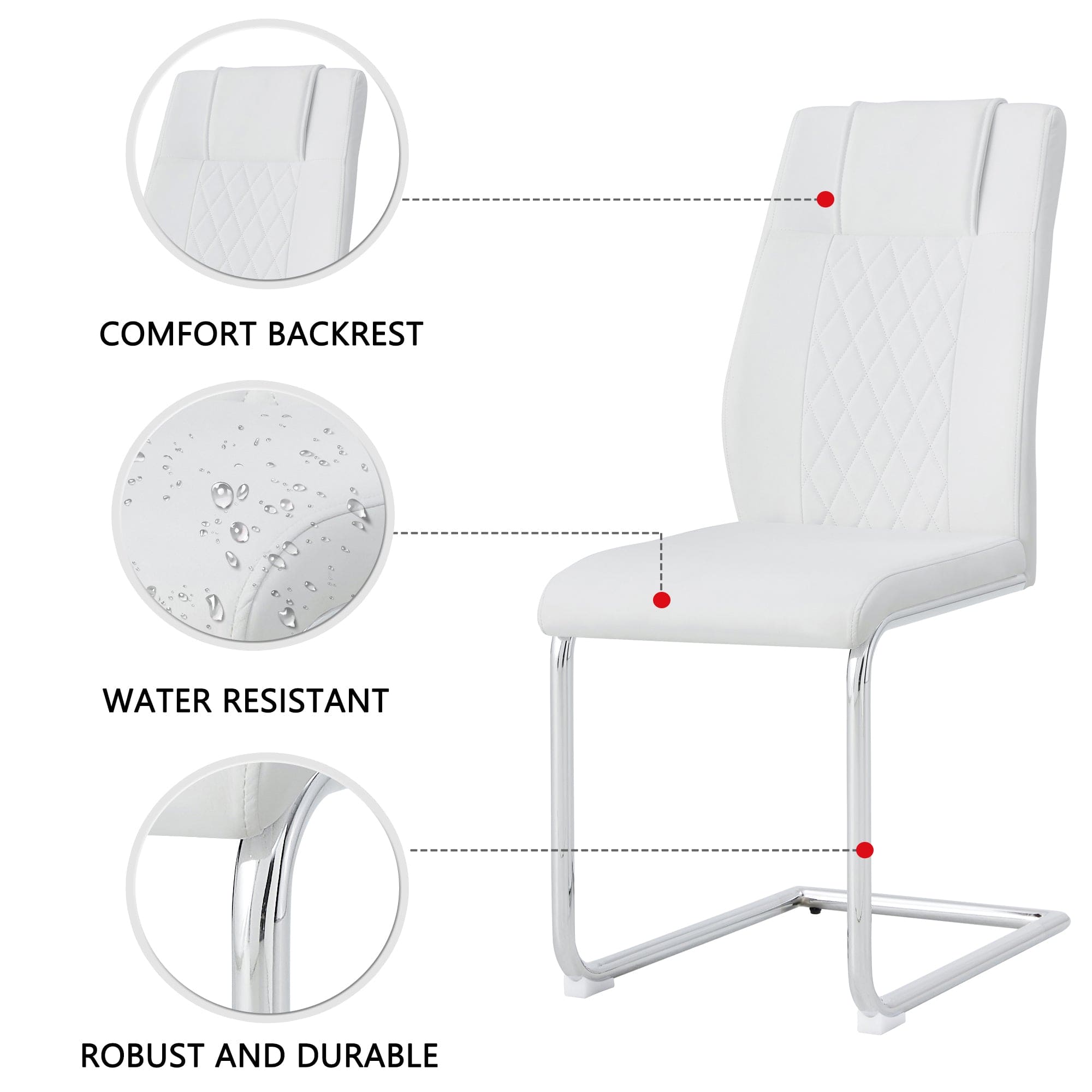 Table and chair set. (1 table+4 chairs set) A circular dining table with a 40 inch diameter glass tabletop and electroplated  metal legs. 4 white PU chairs DT-1164 001