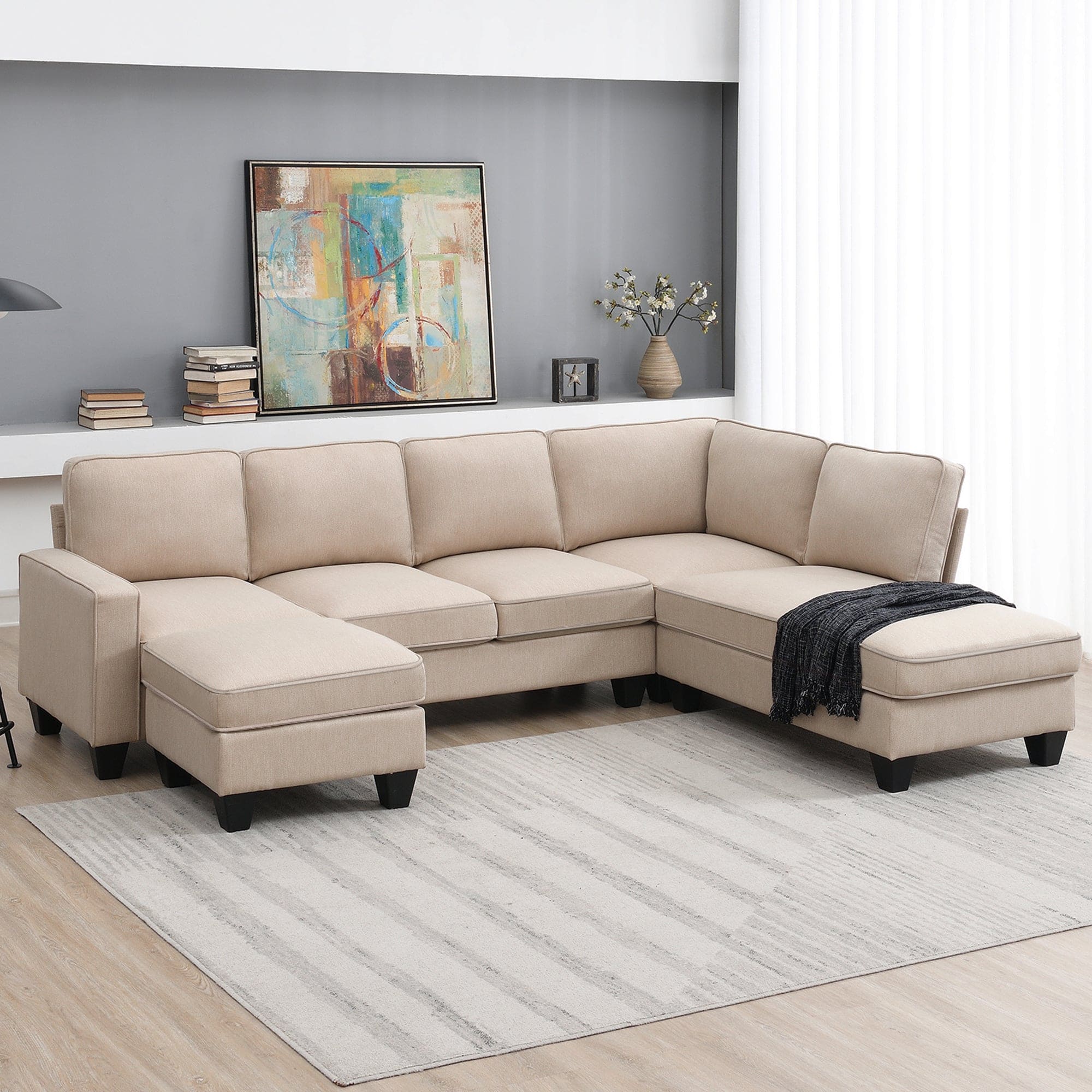 [VIDEO provided] [New] 104.3*78.7" Modern L-shaped Sectional Sofa,7-seat Linen Fabric Couch Set with Chaise Lounge and Convertible Ottoman for Living Room,Apartment,Office,3 Colors