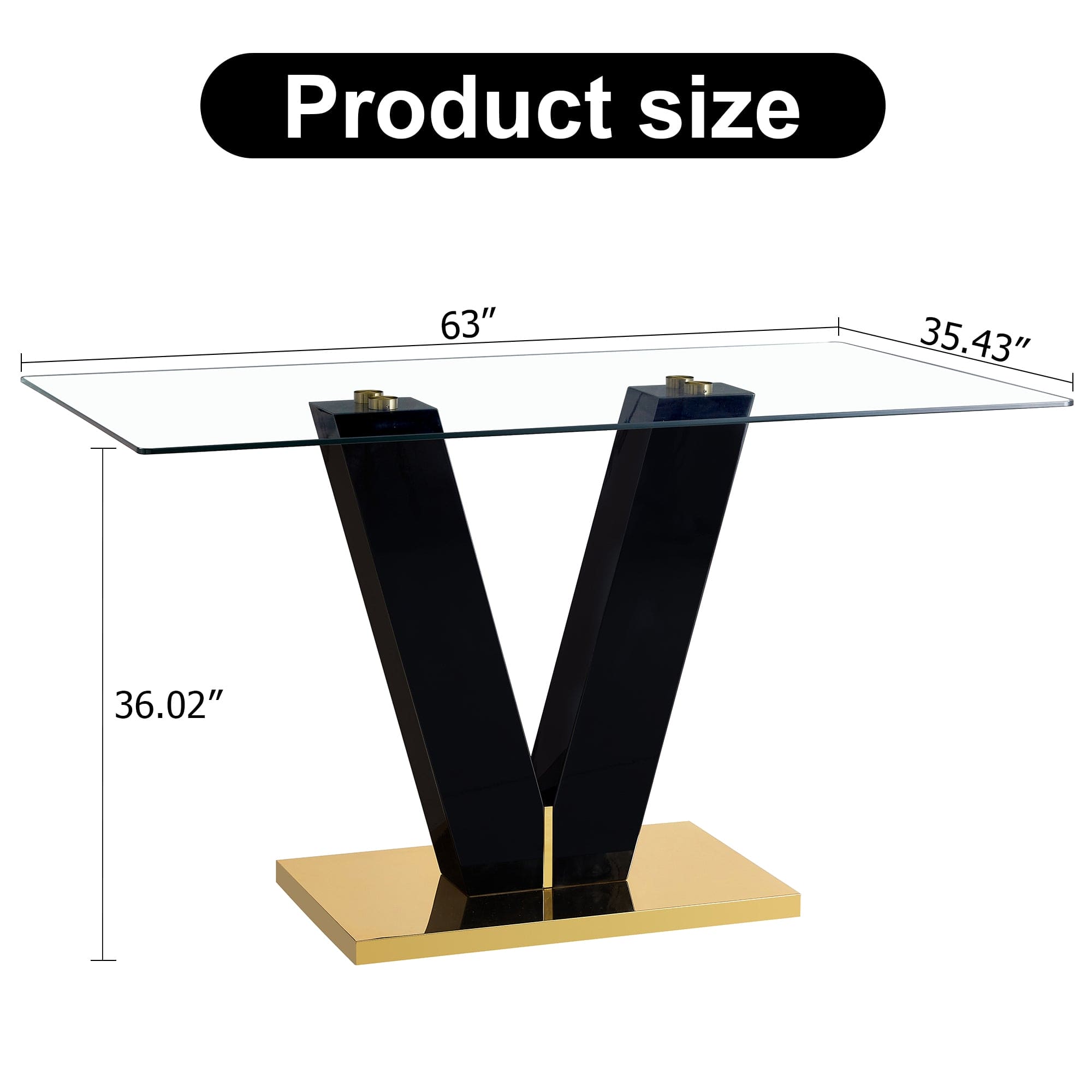 Large Modern Minimalist Rectangular Glass Dining Table for 6-8 with 0.39" Tempered Glass Tabletop and MDF slab V-Shaped Bracket,For Kitchen Dining Living Meeting Room Banquet Hall F-V-16090-TRB