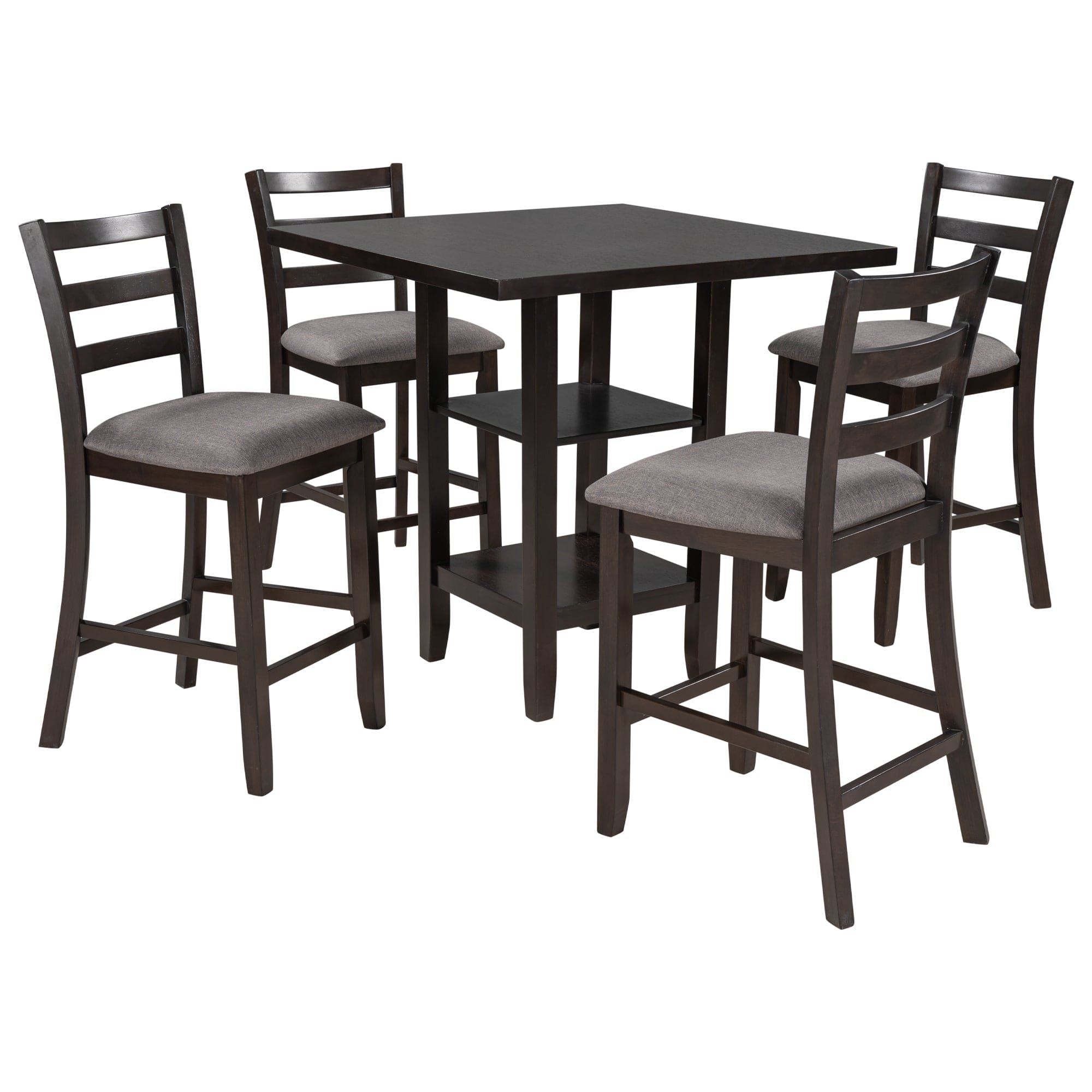 TREXM 5-Piece Wooden Counter Height Dining Set with Padded Chairs and Storage Shelving (Espresso)