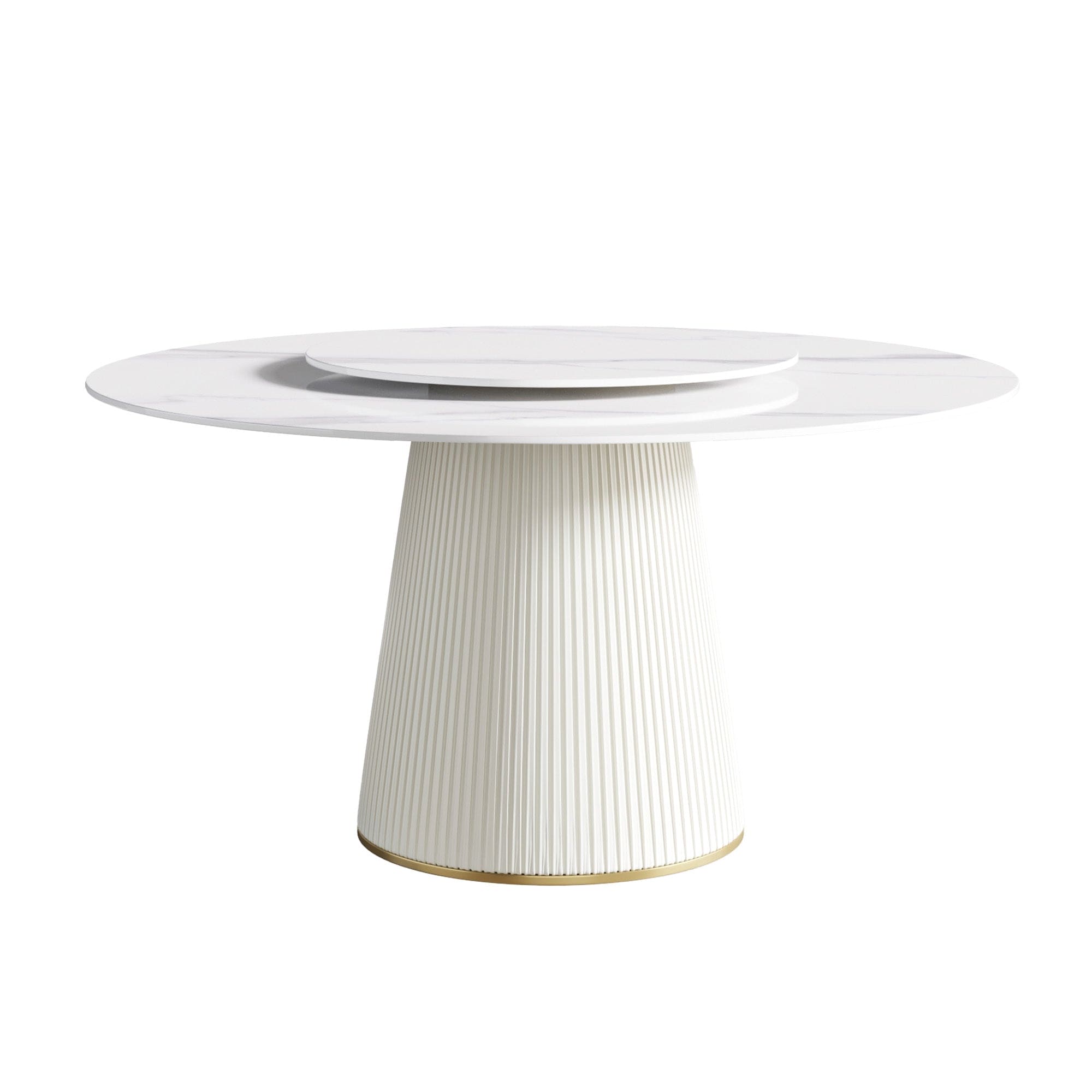 59.05 "Modern white artificial stone round beige plywood PU base dining table-can accommodate 8 people-31.5"white artificial stone turntable (Not including chairs. )