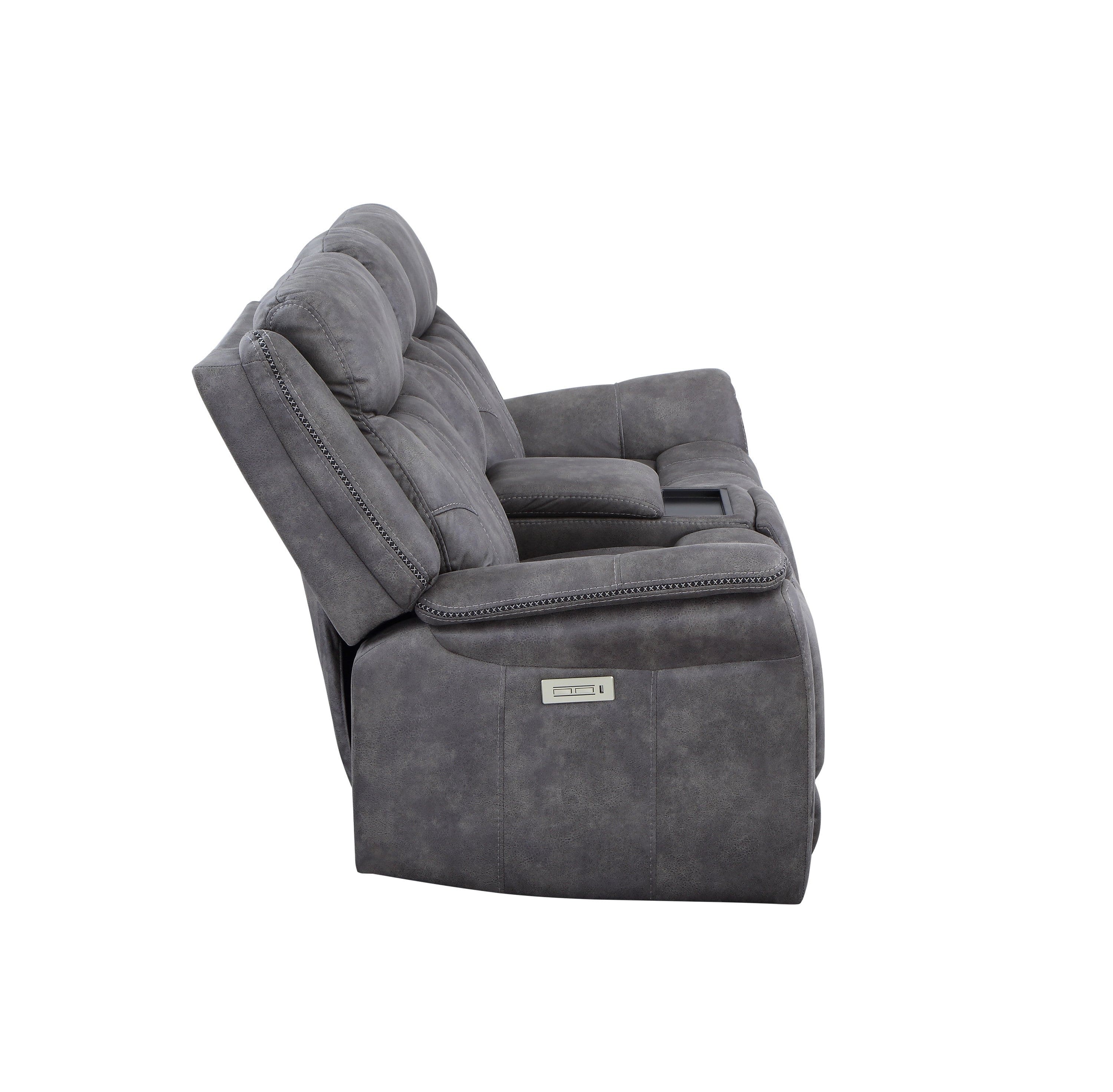 Transitional Console Loveseat - Gray Faux-Suede, Power Footrest, Power Headrest - Concealed Cupholders, Built-In Console - Comfortable and Durable Design