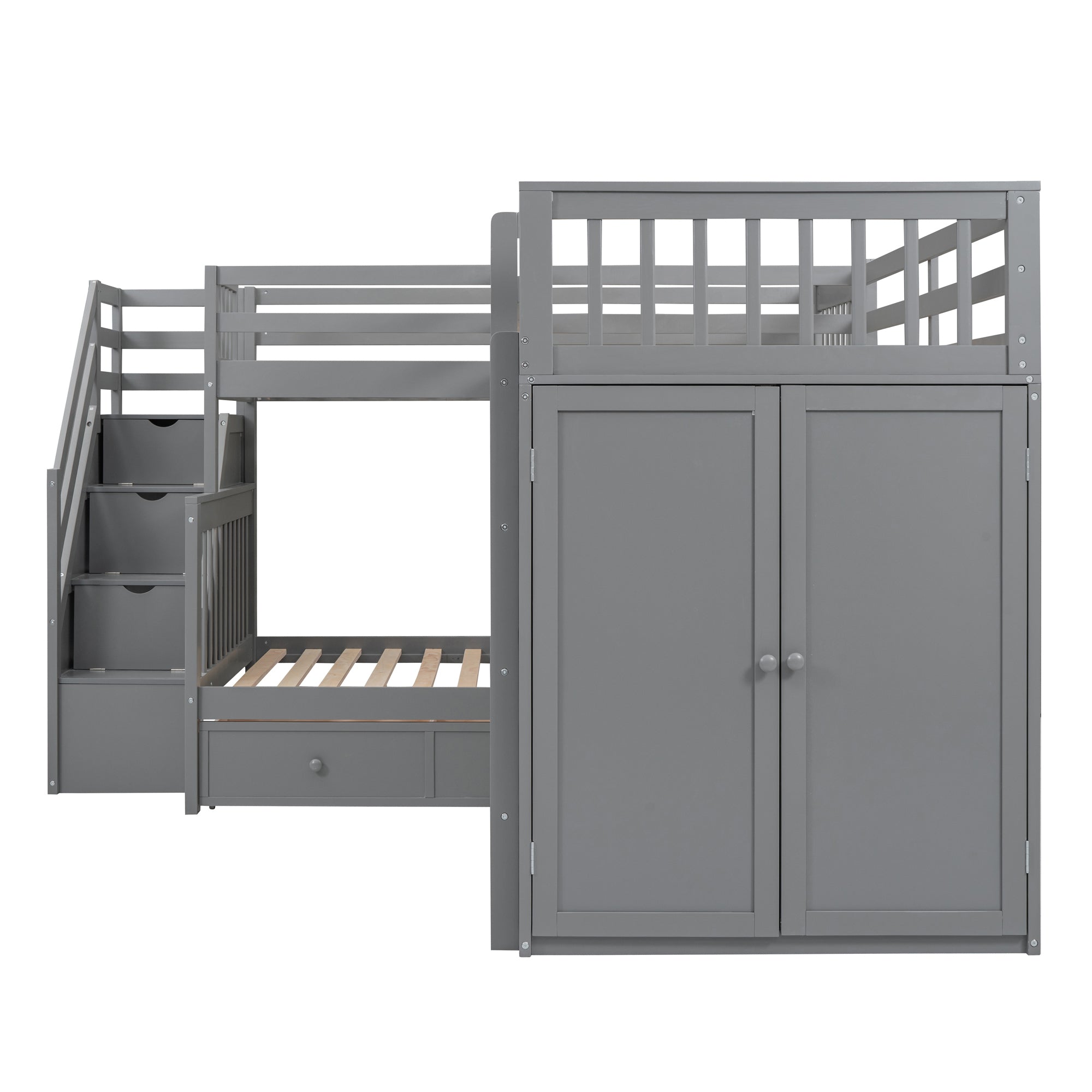 Twin-Twin over Full L-Shaped Bunk Bed With 3 Drawers, Portable Desk and Wardrobe, Gray