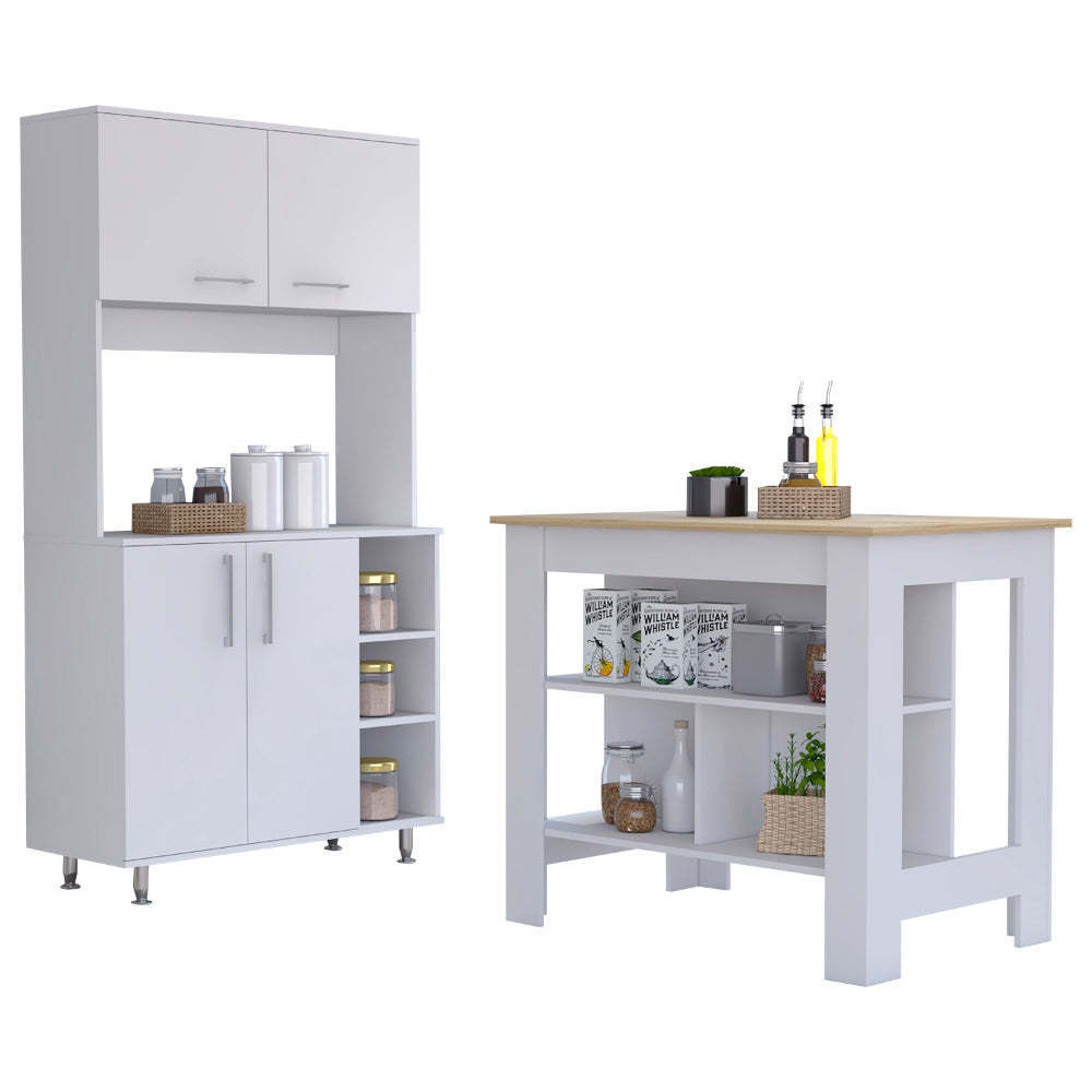 Ralston 7-Shelf 4-Door 2-piece Kitchen Set, Kitchen Island and Pantry Cabinet White and Light Oak