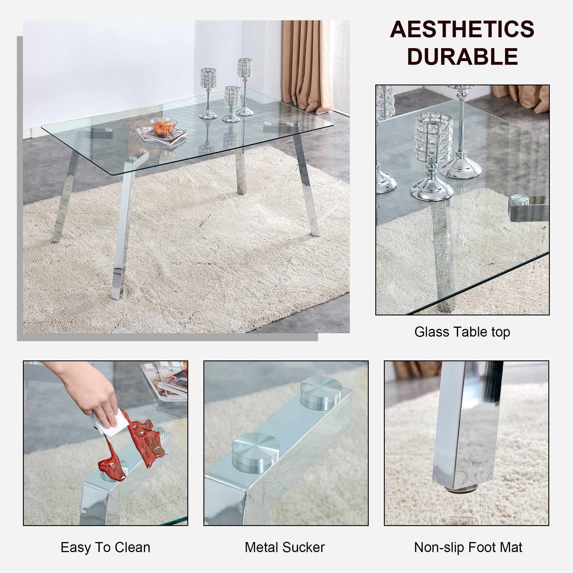 A modern minimalist rectangular glass dining table with tempered glass tabletop and silver metal legs, suitable for kitchens, restaurants, and living rooms,63"*35.4"*30"