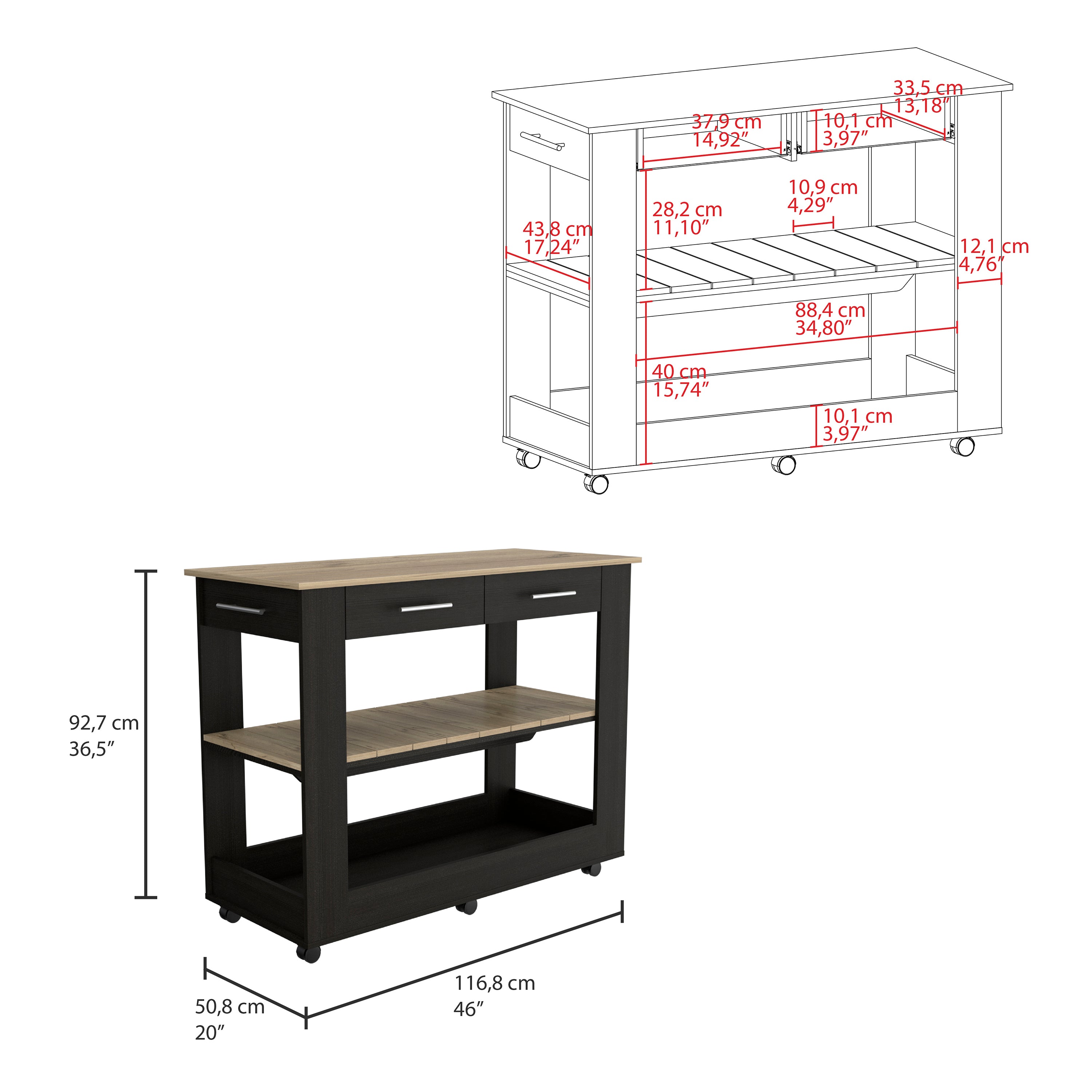 Cala Kitchen Island 46,  Six Casters, Two Drawers, Lower Open Shelf  -Black / Light Oak