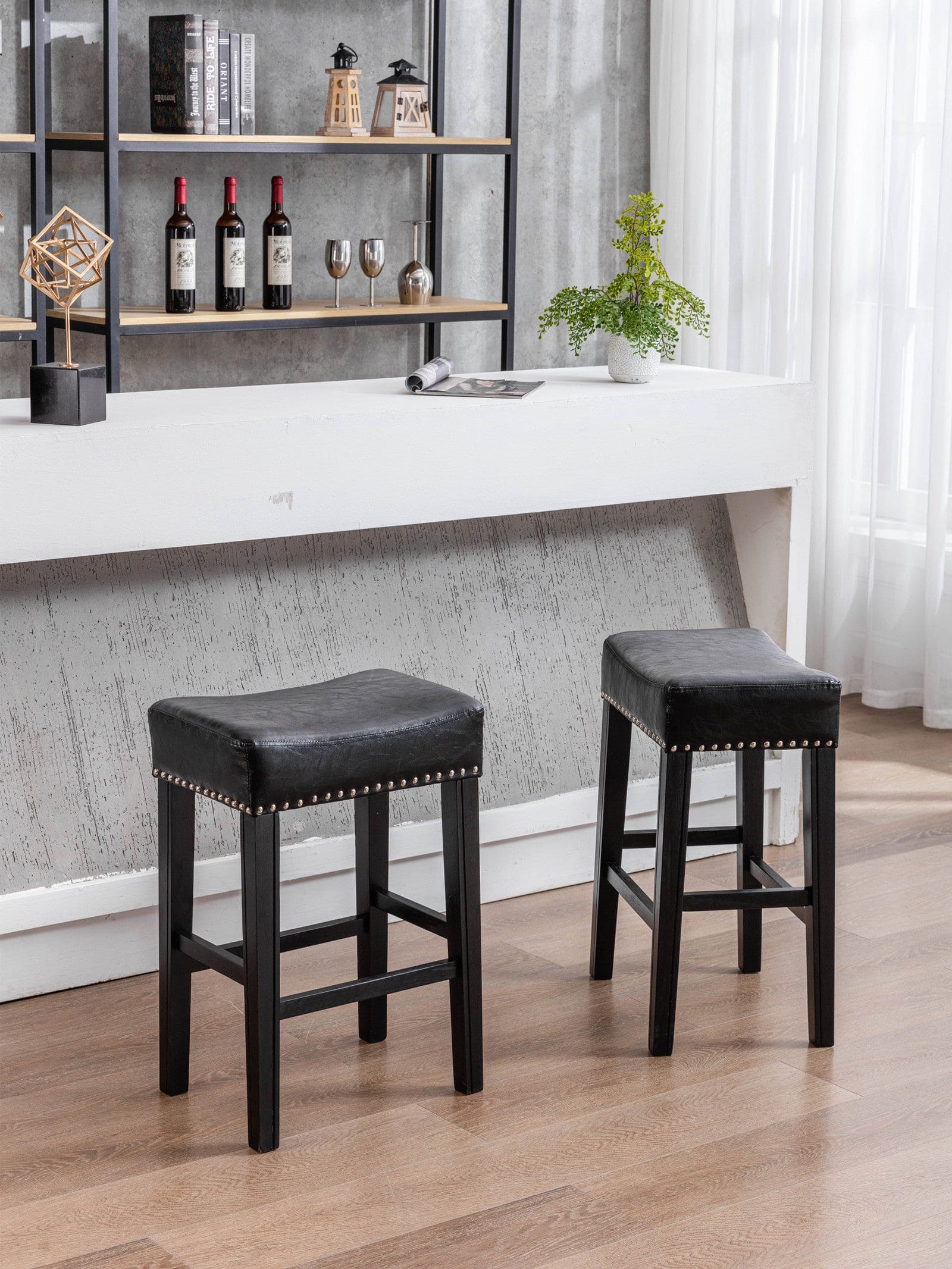 A&A Furniture,Counter Height 26" Bar Stools for Kitchen Counter Backless  Faux Leather Stools Farmhouse Island Chairs (26 Inch, Black, Set of 2)