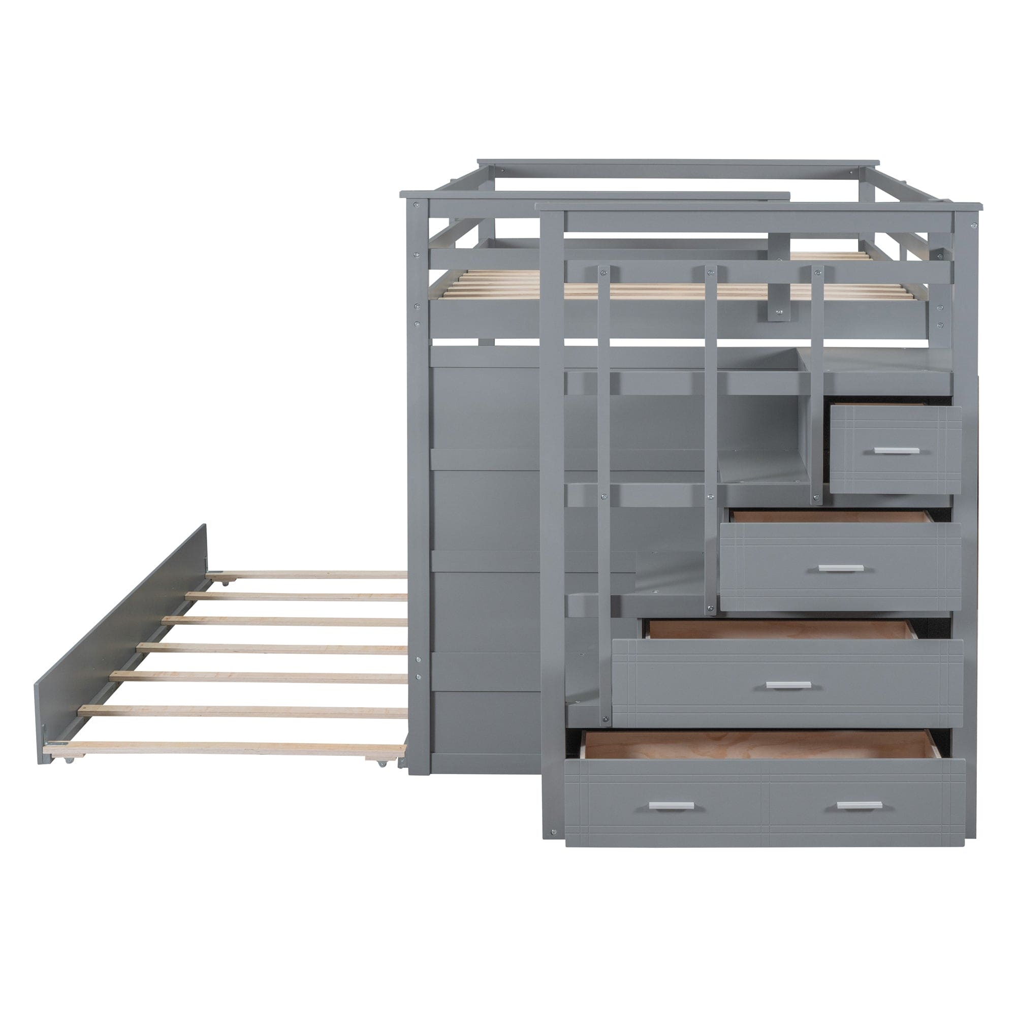 Full Over Full Bunk Bed with Twin Size Trundle and Staircase, Gray