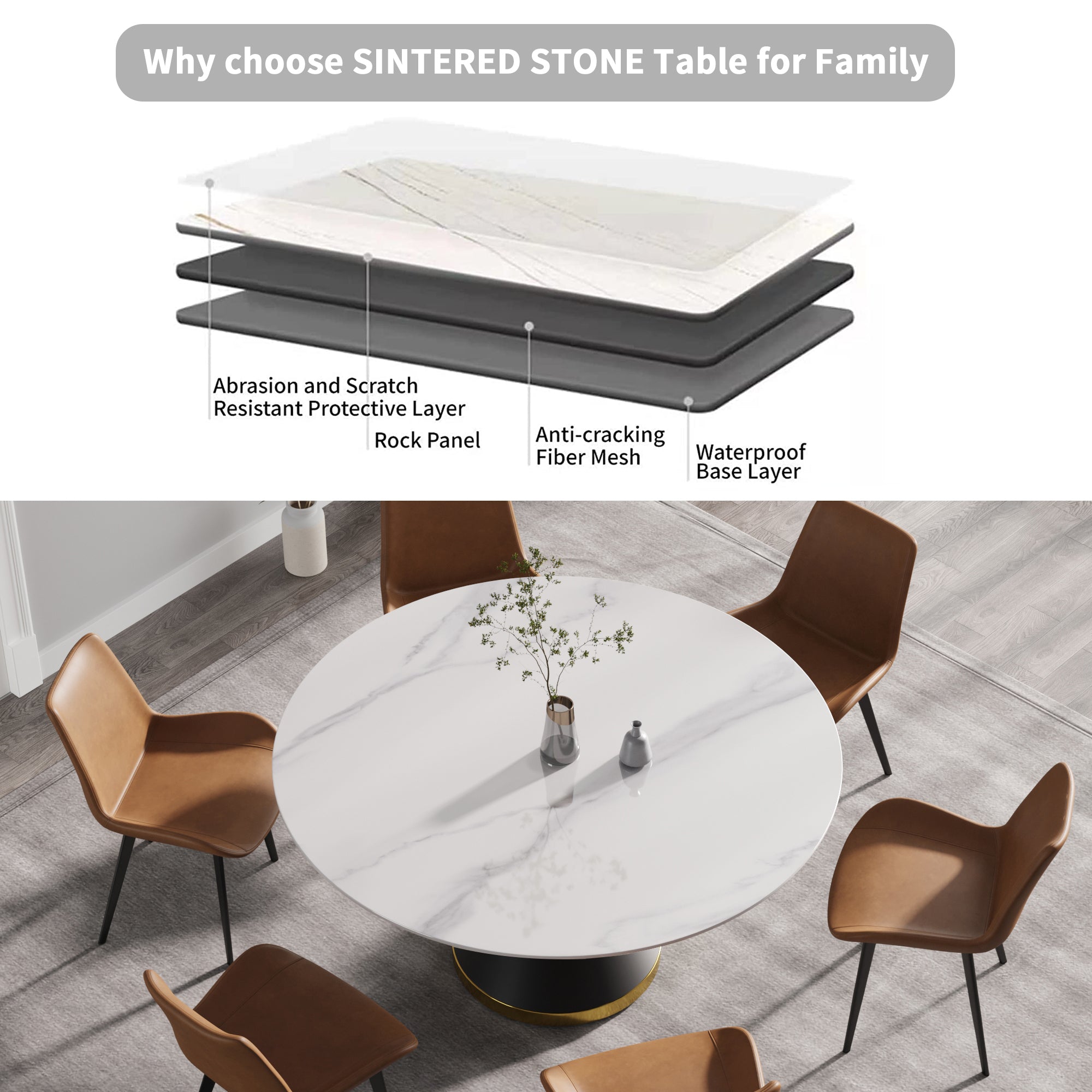 59.05"Modern artificial stone round black carbon steel base dining table-can accommodate 6 people