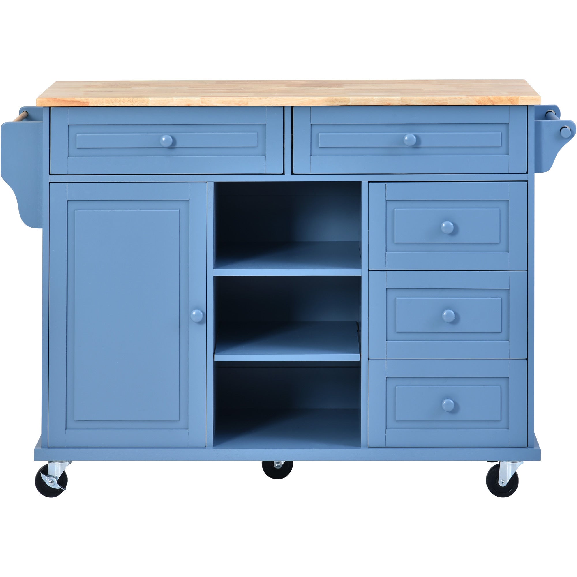 Kitchen cart with Rubber wood desktop rolling mobile kitchen island with storage and 5 draws 53 Inch length (Blue)