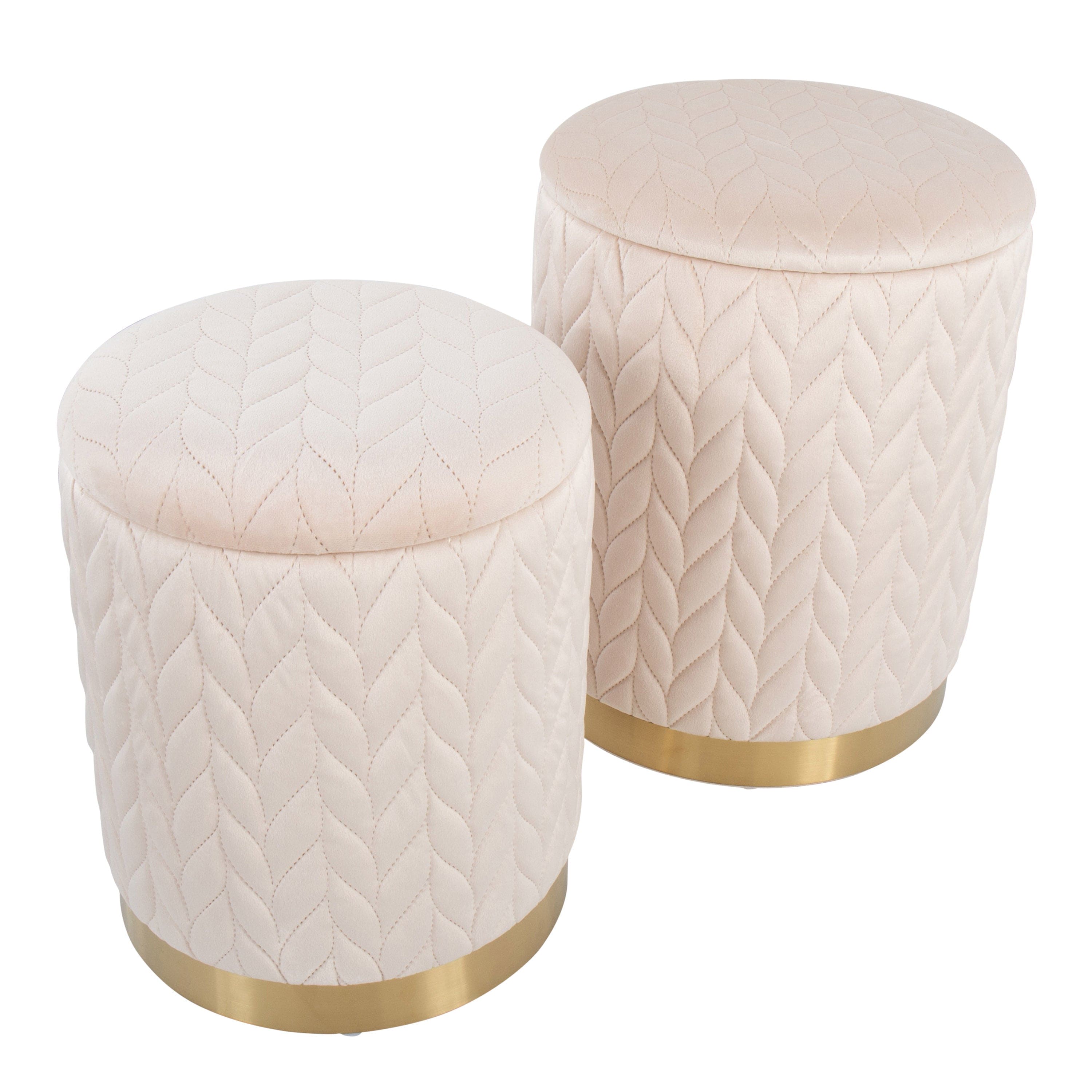 Marla Contemporary/Glam Quilted Ottoman Set in Gold Metal and Cream Velvet by LumiSource