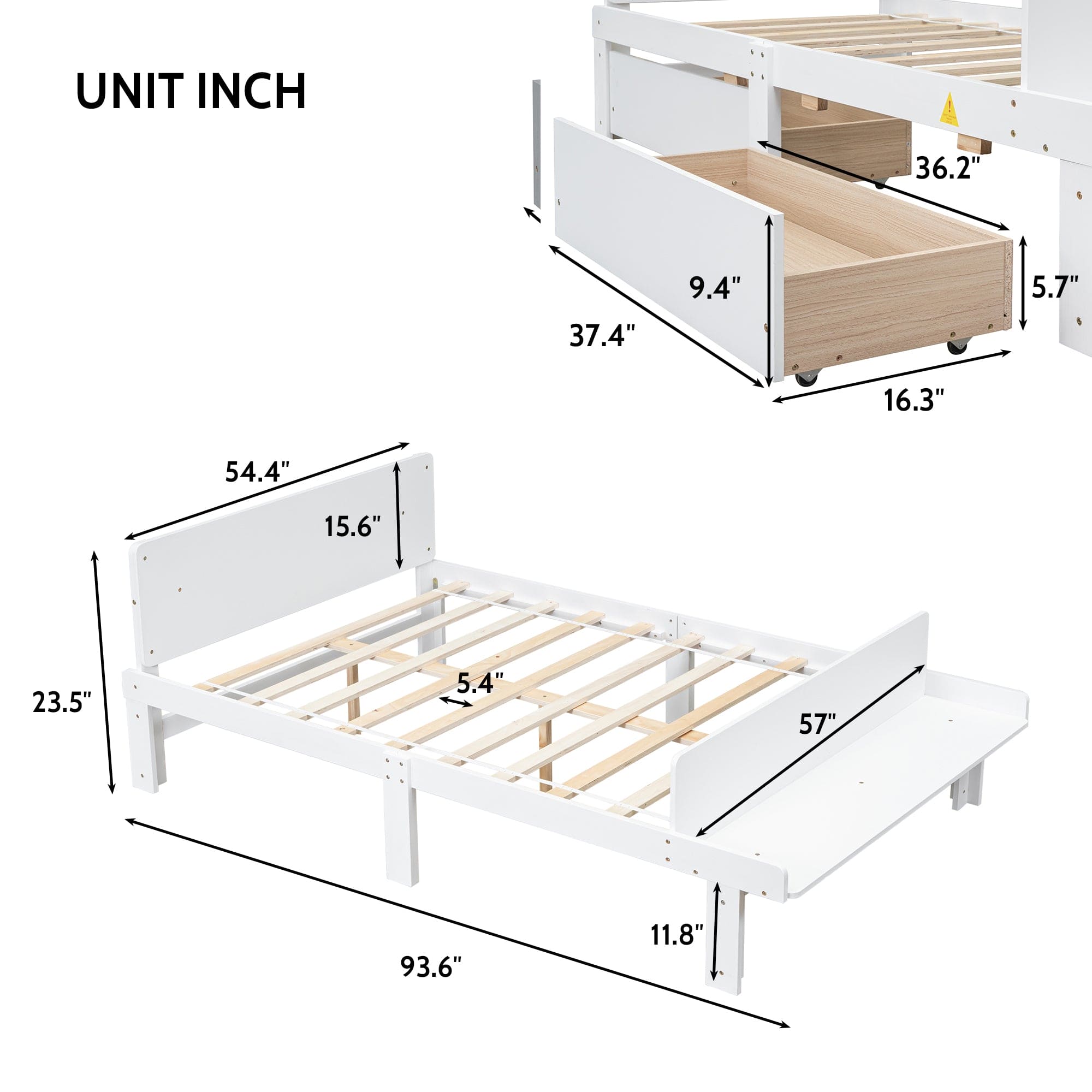 Full Bed with Footboard Bench,2 drawers,White