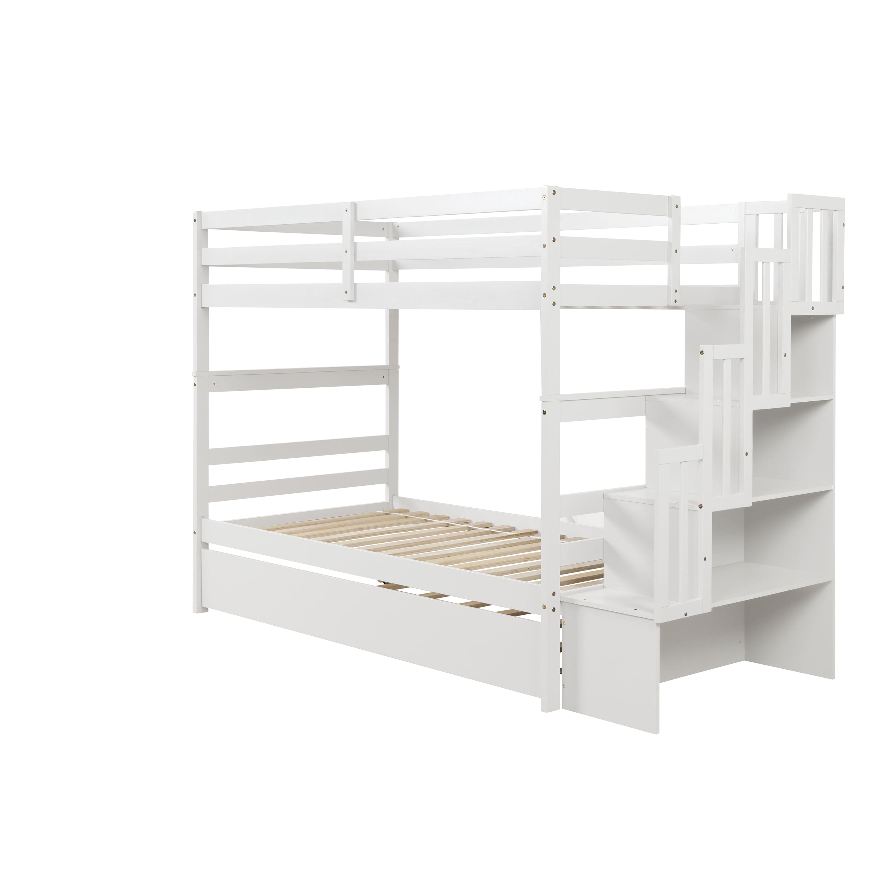 Twin over Twin Bunk Beds With Twin Trundle and Stairway Storage Function in White color