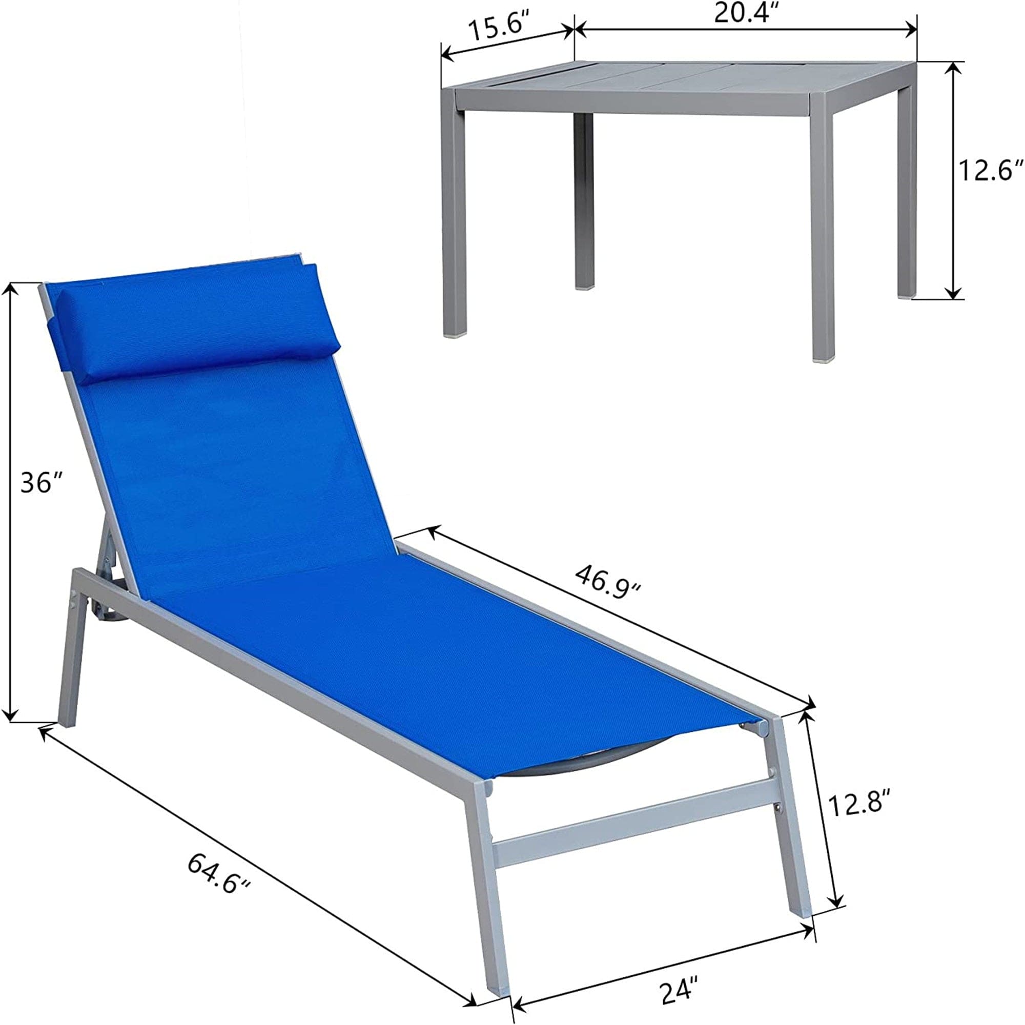 Patio Chaise Lounge Set, 3 Pieces Adjustable Backrest Pool Lounge Chairs Steel Textilene Sunbathing Recliner with Headrest (Blue.2 Lounge Chairs+1 Table)