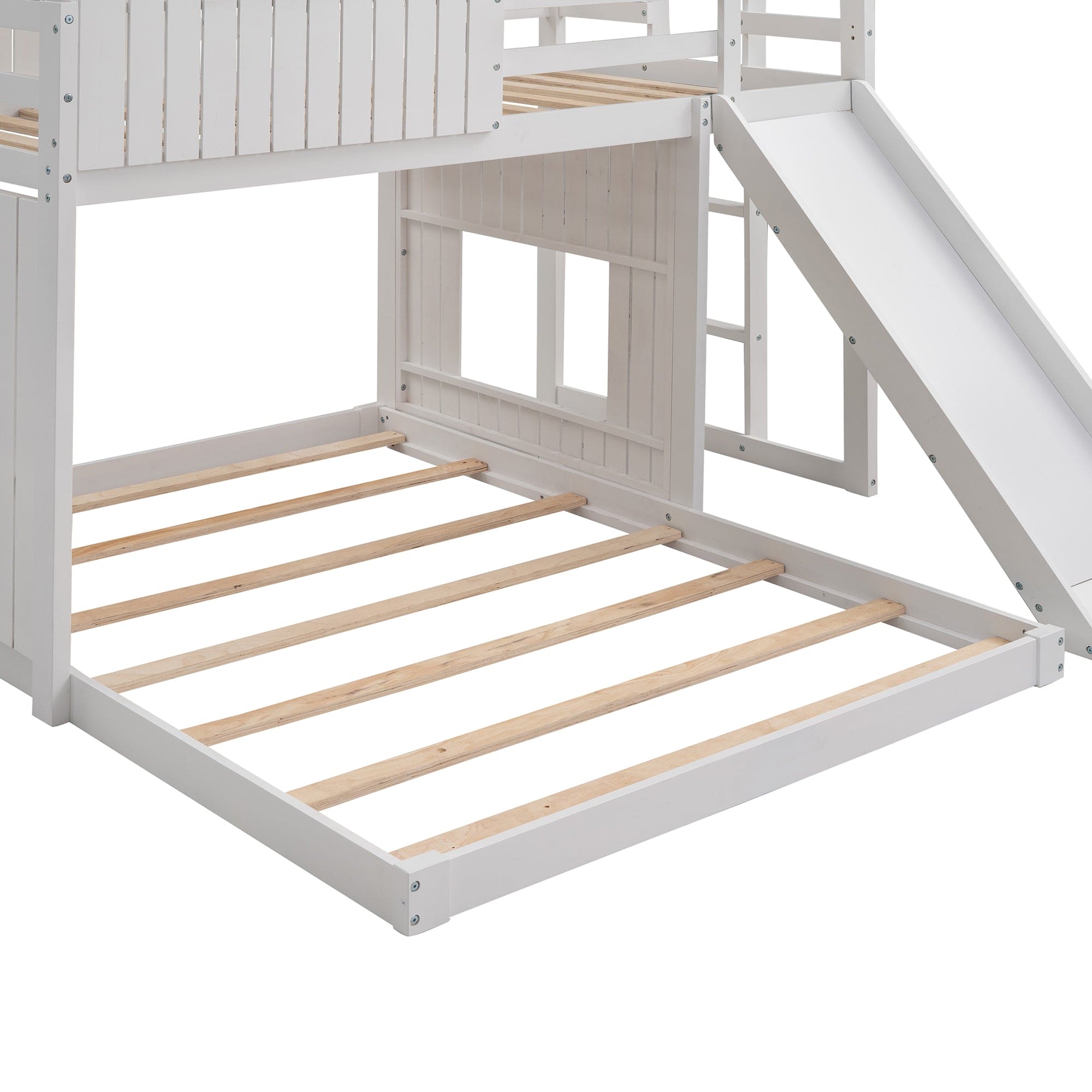 Wooden Twin Over Full Bunk Bed, Loft Bed with Playhouse, Farmhouse, Ladder, Slide and Guardrails, White(OLD SKU :LT000028AAK)