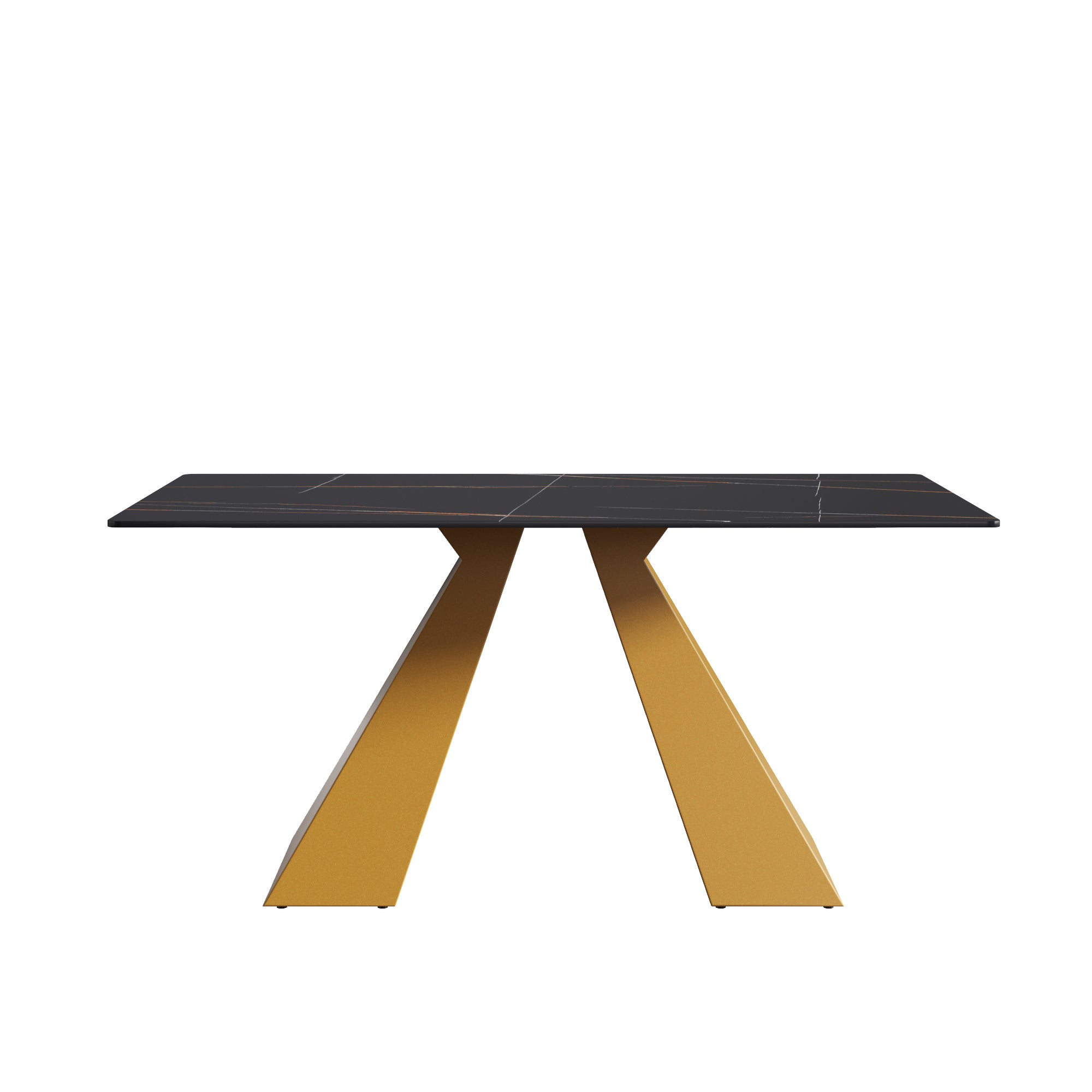 63"Modern artificial stone black straight edge golden metal leg dining table -6 people