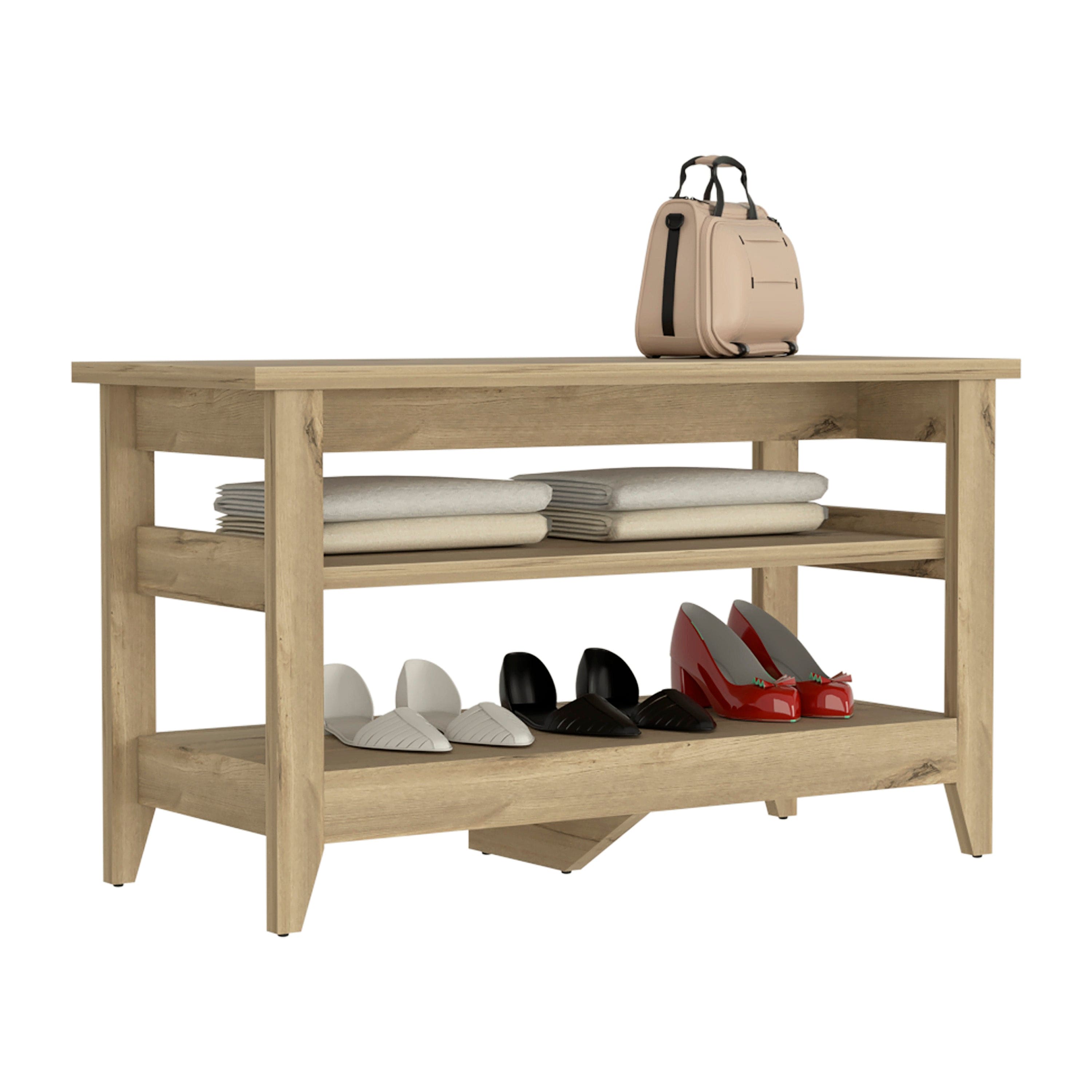 Storage Bench Susho, Upper and Lower Shelf, Light Oak Finish