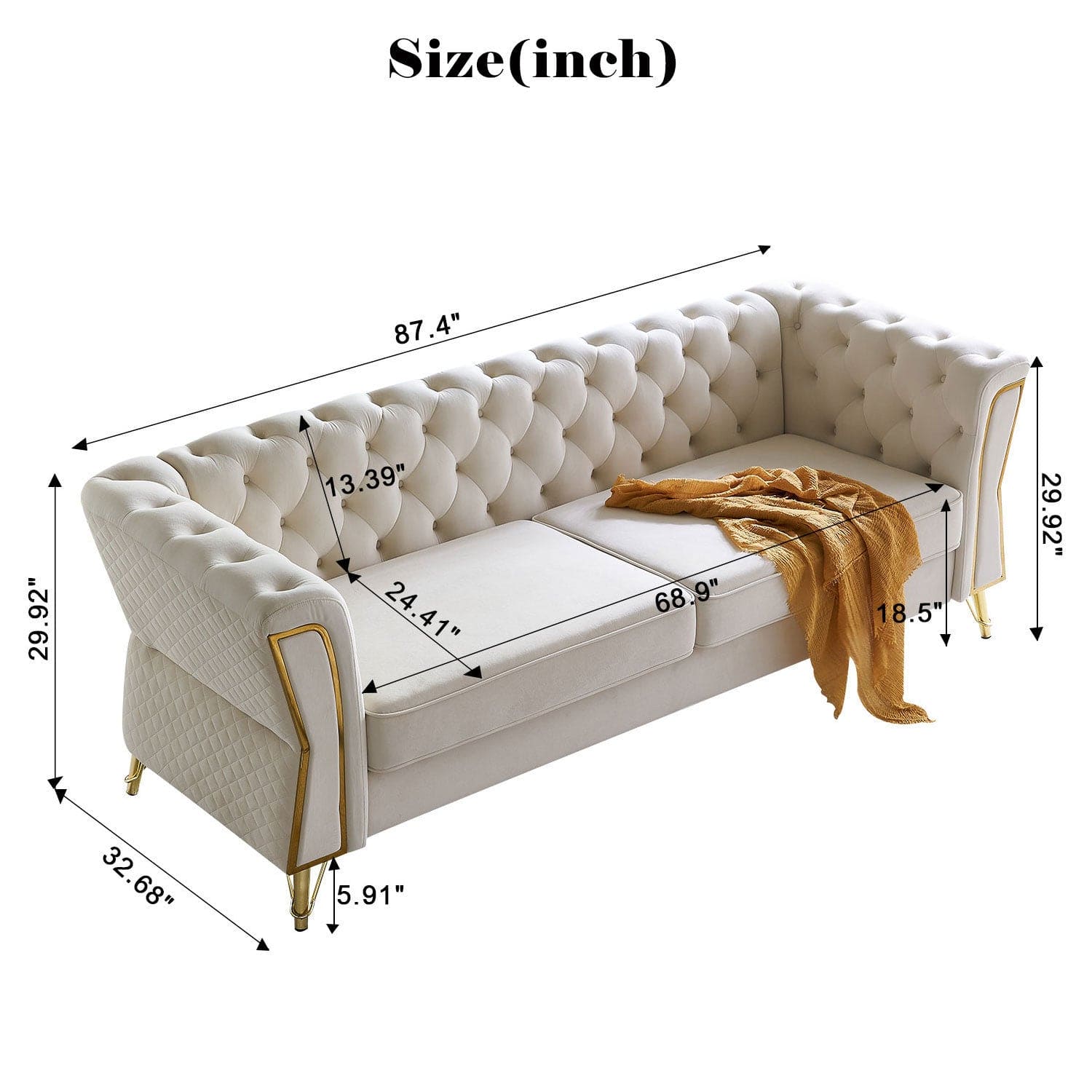 Modern Tufted Velvet Sofa 87.4 inch for Living Room Beige Color