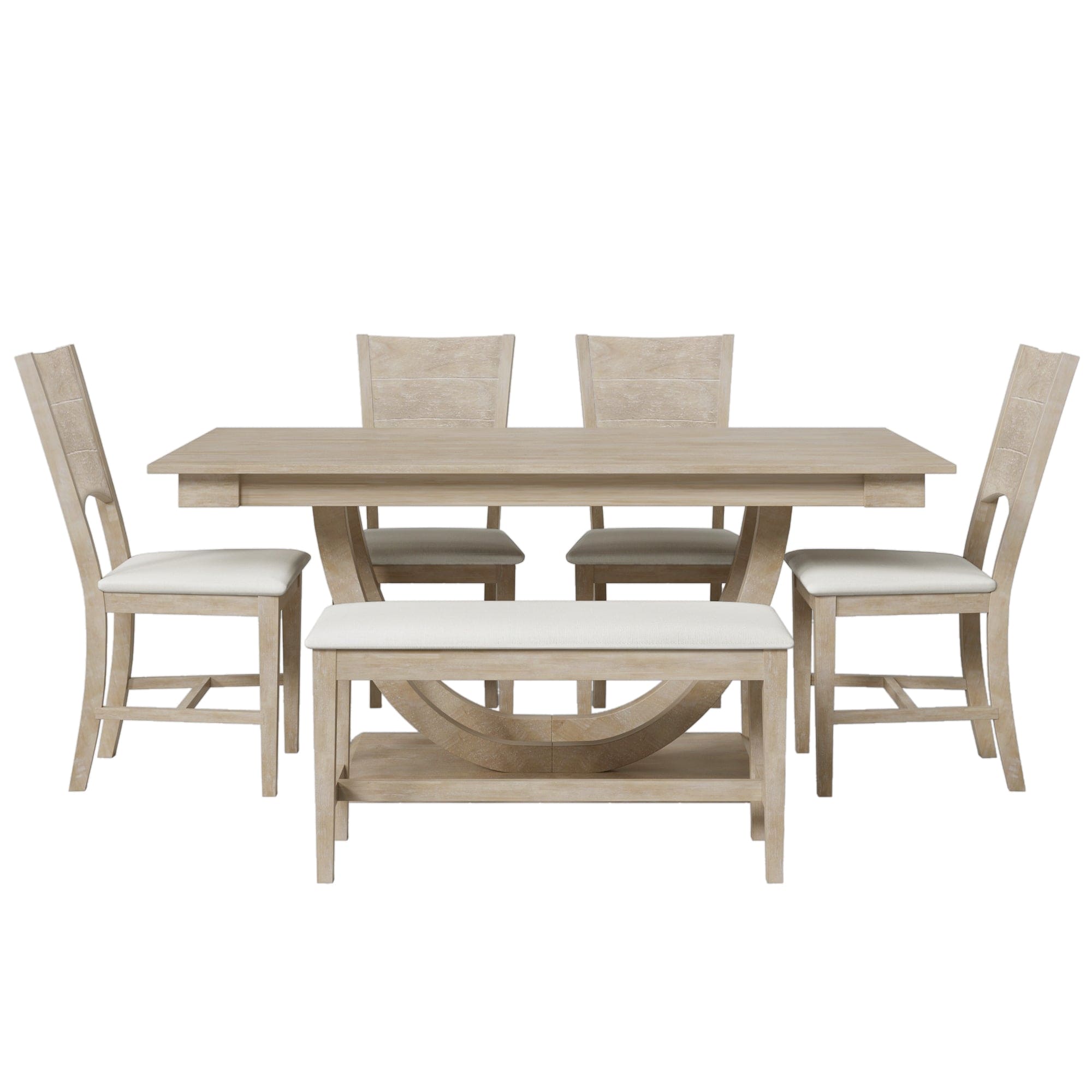 TOPMAX 6-Piece Wood Half Round Dining Table Set Kitchen Table Set with Long Bench and 4 Dining Chairs, Modern Style, Natural