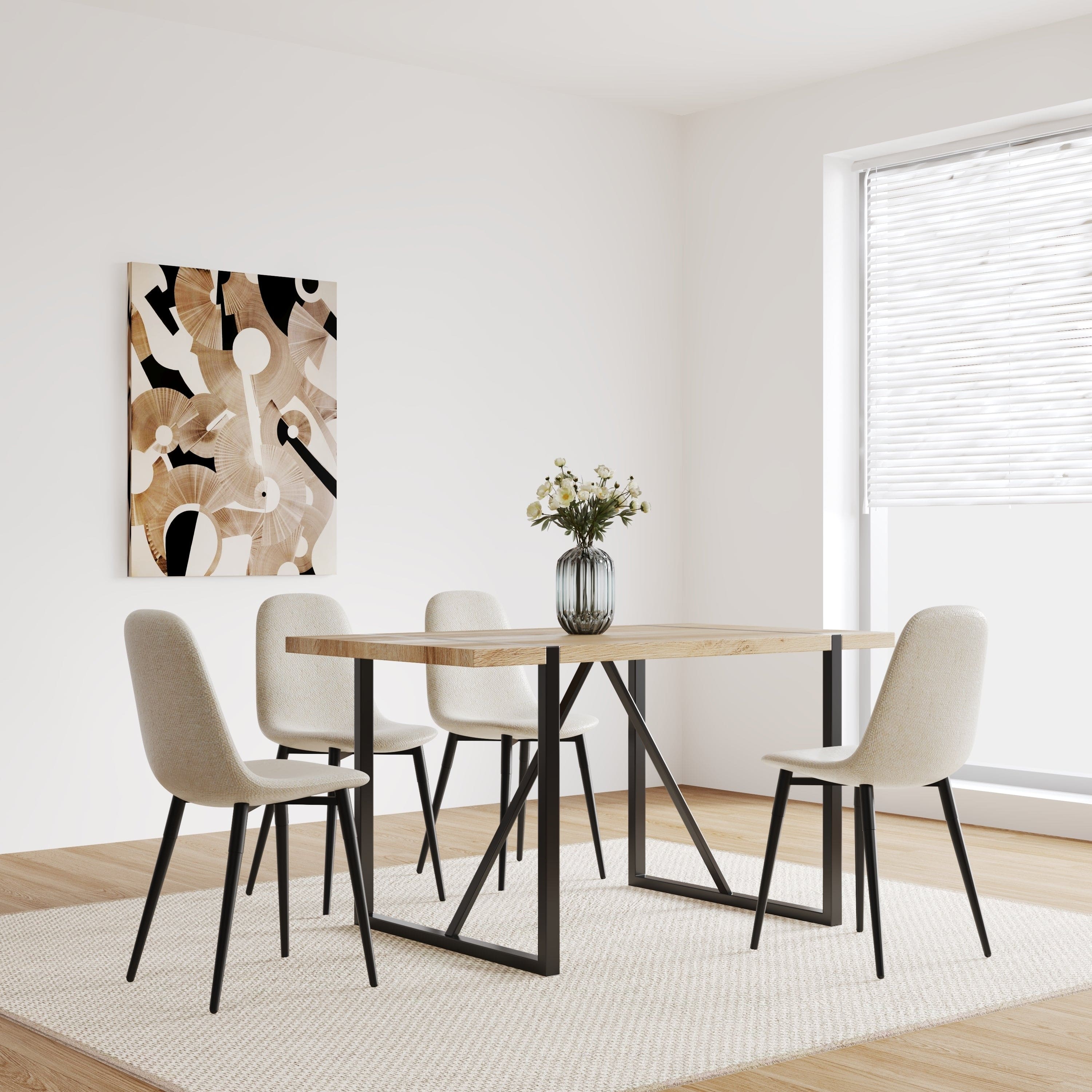 MDF Wood Colour Dining Table and Modern Dining Chairs Set of 4, Mid Century Wooden Kitchen Table Set, Metal Base & Legs, Dining Room Table and Linen Chairs