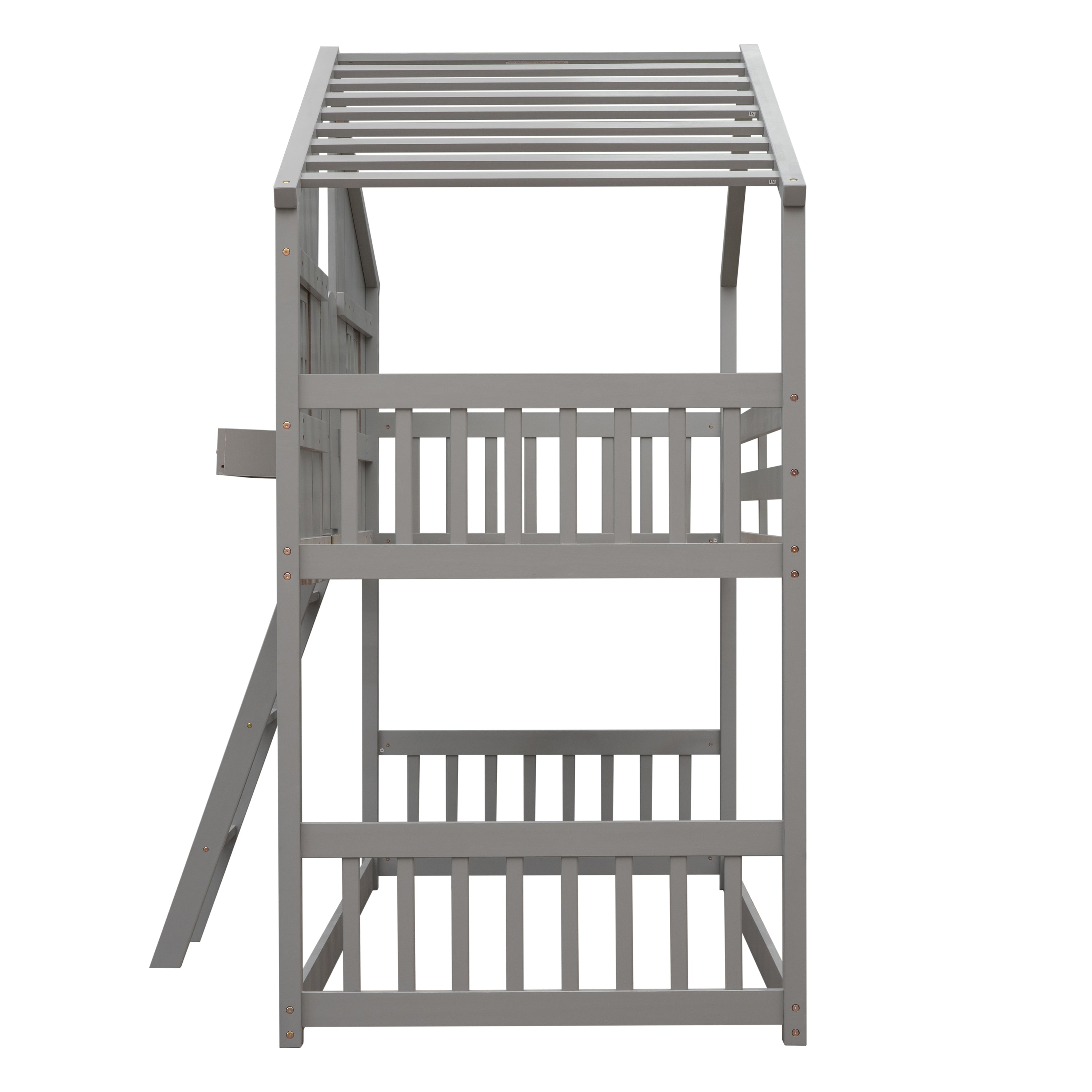 Twin over Twin House Bunk Bed with Roof , Window, Window  Box, Door , with Safety Guardrails and Ladder, Grey