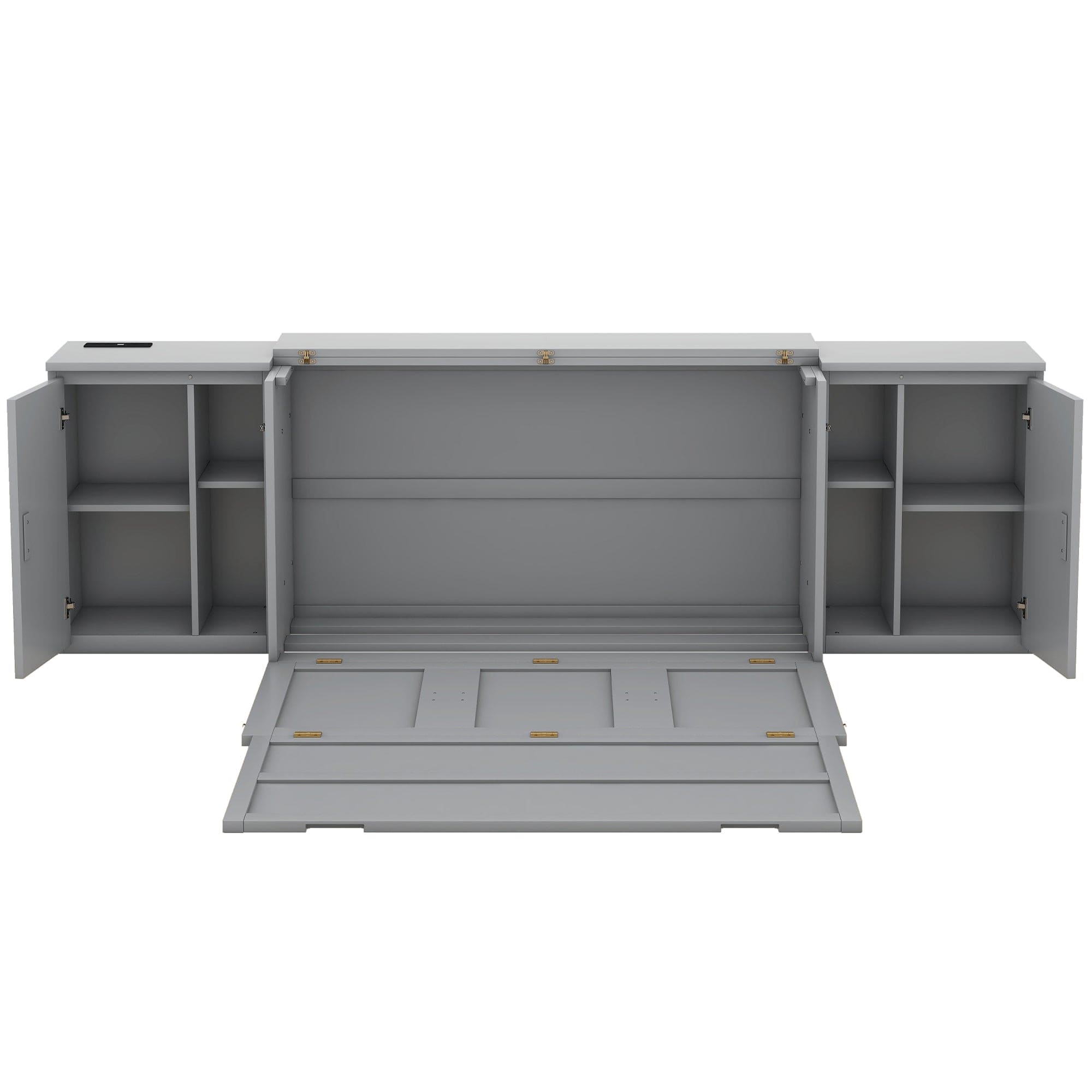 Queen Size Murphy Bed with Shelves, Cabinets and USB Ports,Gray