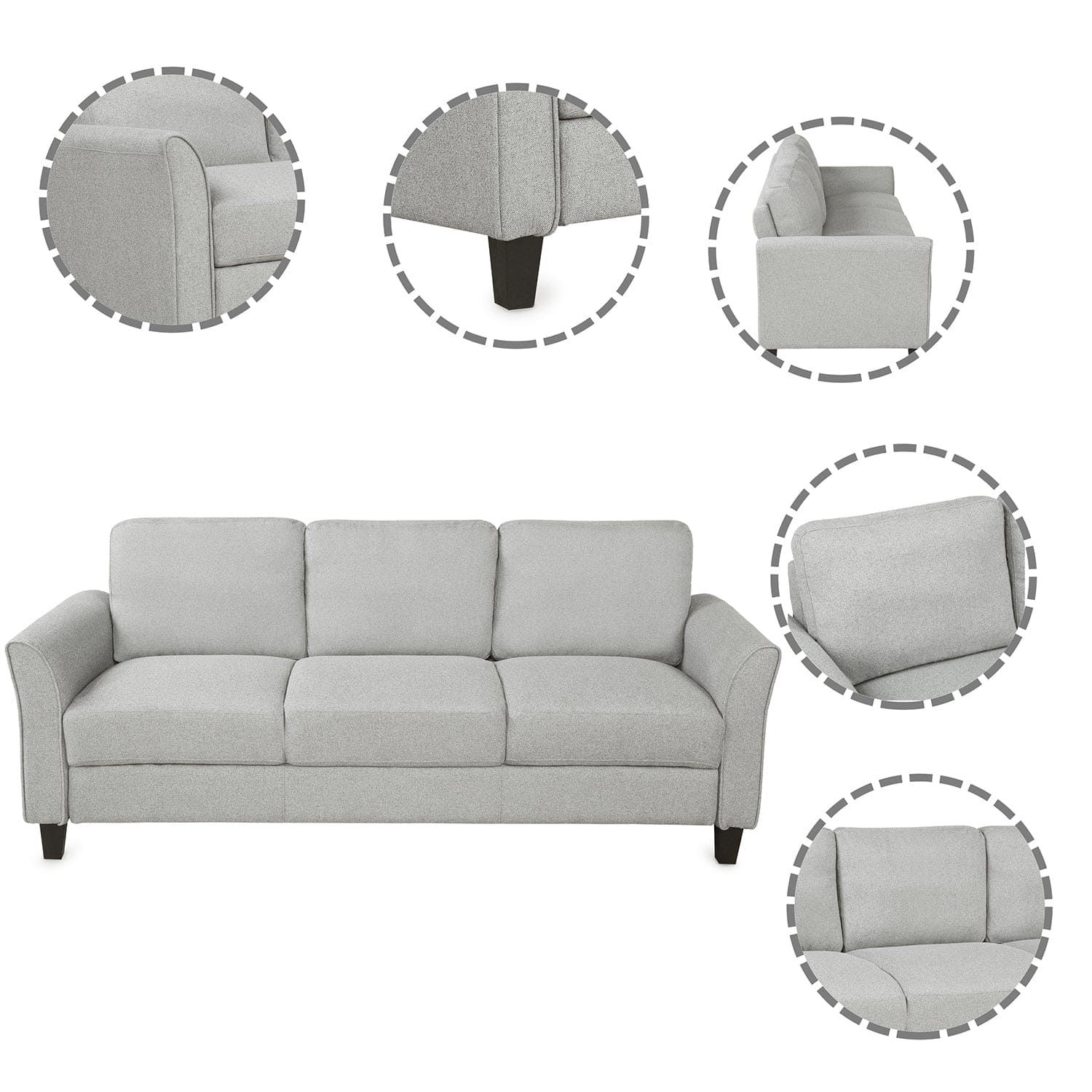 3-Seat Sofa Living Room Linen Fabric Sofa (Light Gray)